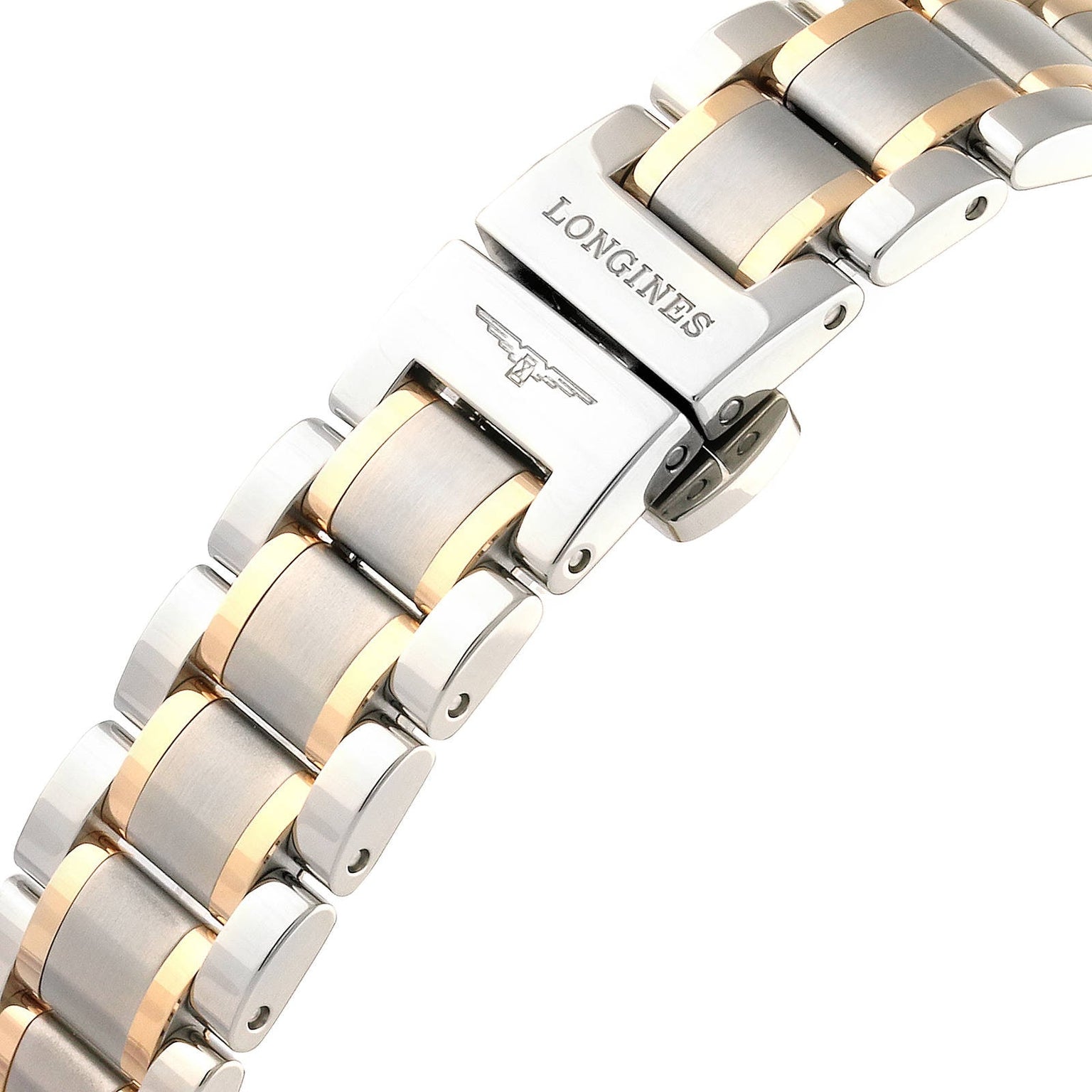 Close-up of a two-tone metal clasp engraved with the Longines logo; silver and gold links highlight the refined style of the Longines Master Collection watch band.