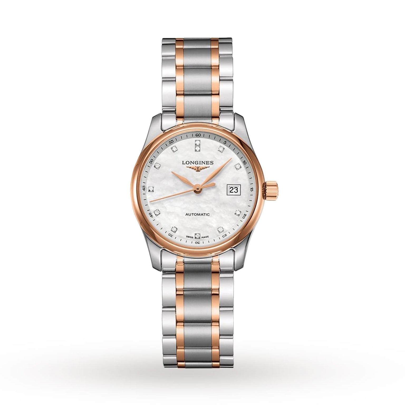 The Longines Master Collection ladies’ watch features a silver and rose gold band, white dial with gold hands, diamond hour markers, date display at 3 o’clock, and precision automatic movement.