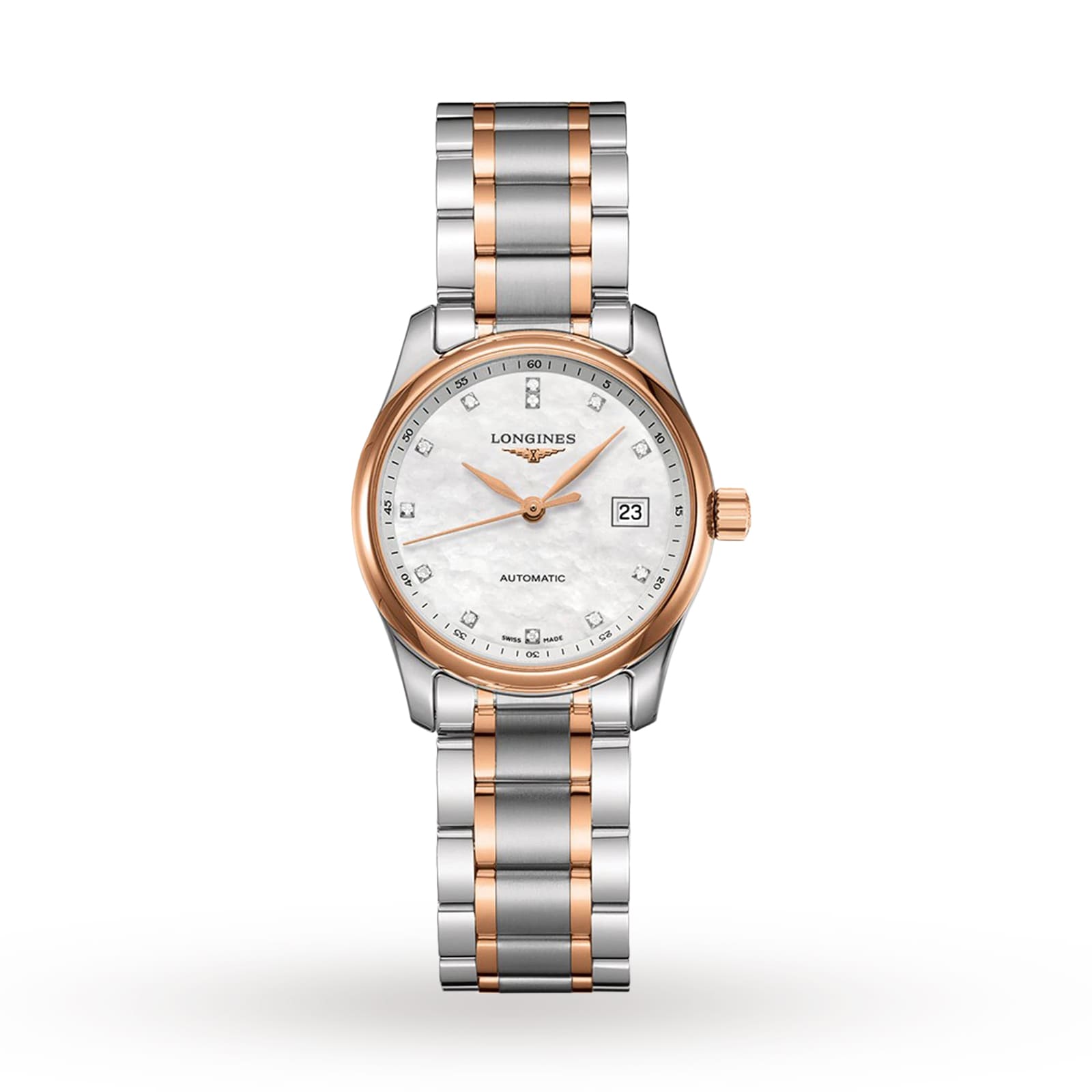 The Longines Master Collection ladies’ watch features a silver and rose gold band, white dial with gold hands, diamond hour markers, date display at 3 o’clock, and precision automatic movement.