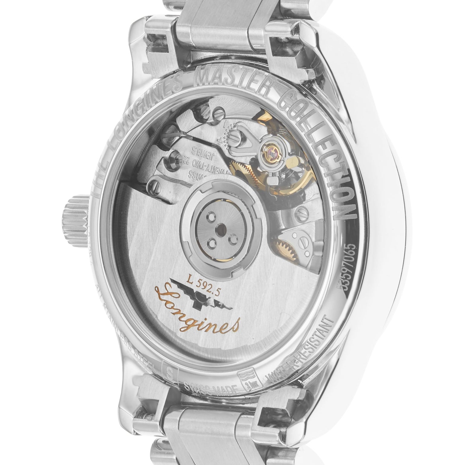 Close-up of the transparent case back on the Longines Master Collection watch, showcasing its mechanical movement and internal branding.
