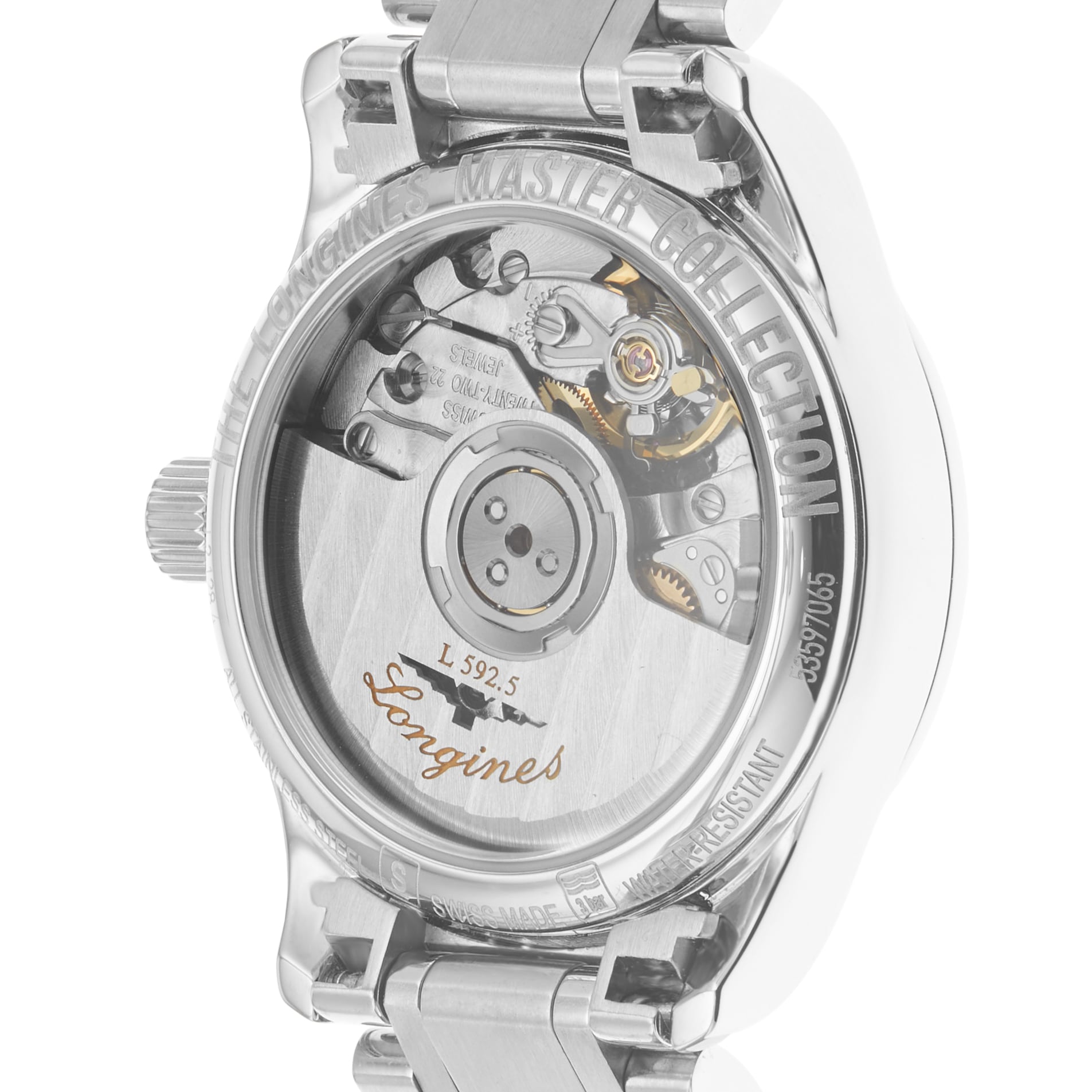 Close-up of the transparent case back on the Longines Master Collection watch, showcasing its mechanical movement and internal branding.