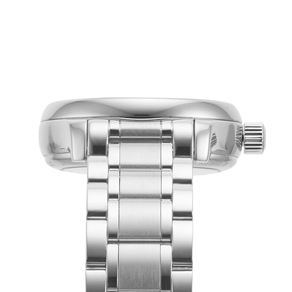 Side view of the Longines Master Collection wristwatch, showcasing its stainless steel case, crown, and elegant bracelet links.