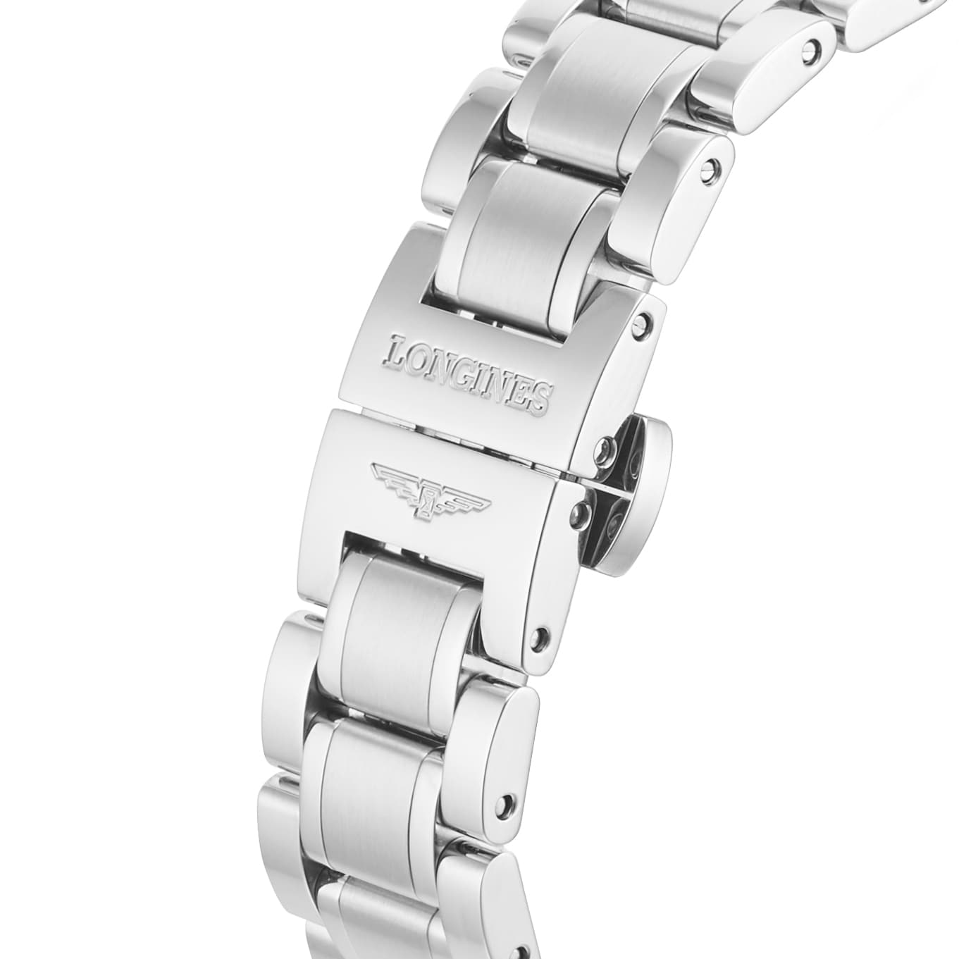 Close-up of the Longines Master Collection stainless steel bracelet, showcasing a clasp engraved with the Longines logo and winged hourglass symbol.