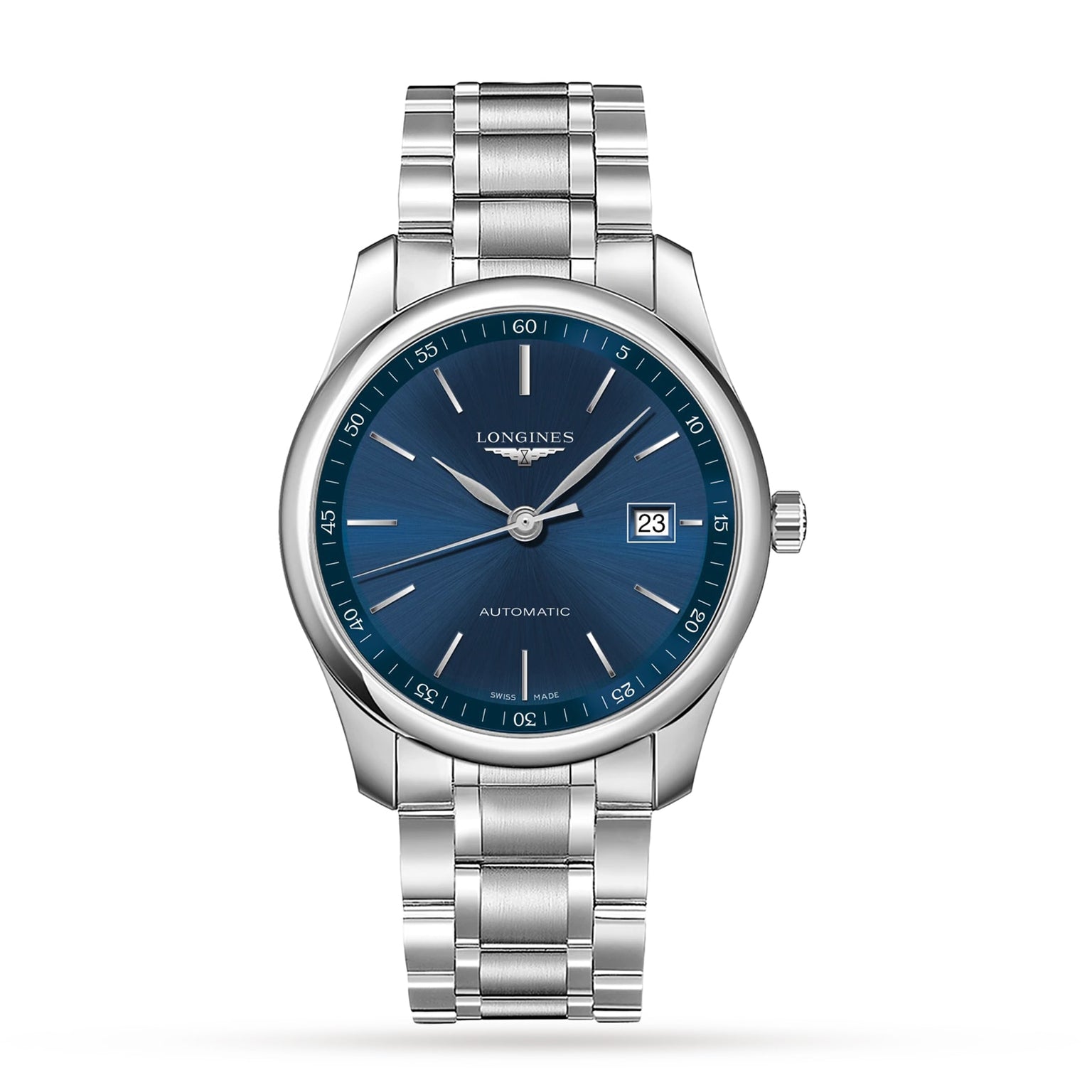 The Longines Master Collection wristwatch features a stainless steel case, blue dial with silver hour markers, date display at 3 o’clock, and is powered by the precise L888 calibre movement.