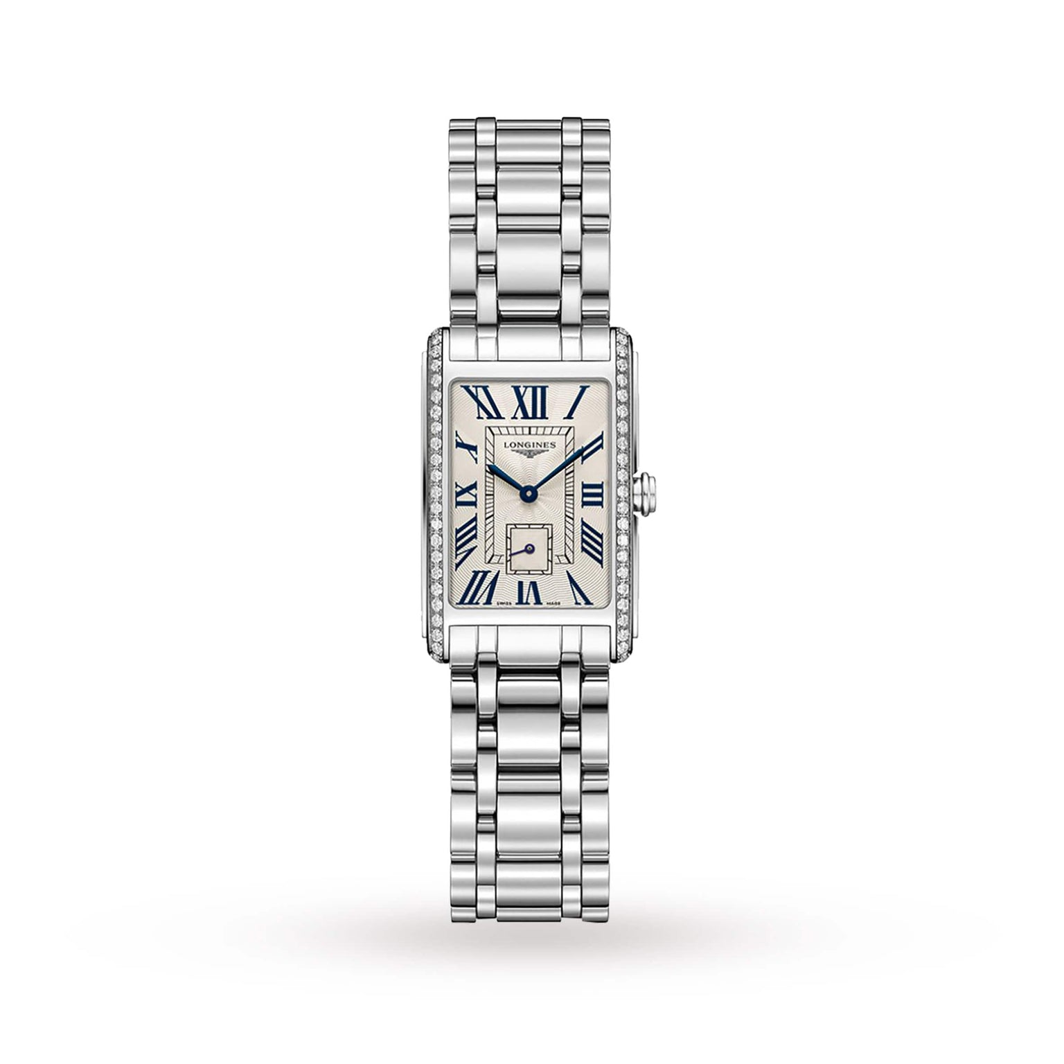 The Longines DolceVita is a rectangular silver women’s watch with a metal link band, Roman numeral markers, blue hands, diamond-accented sides, and a small seconds subdial—embodying Italian-inspired elegance.