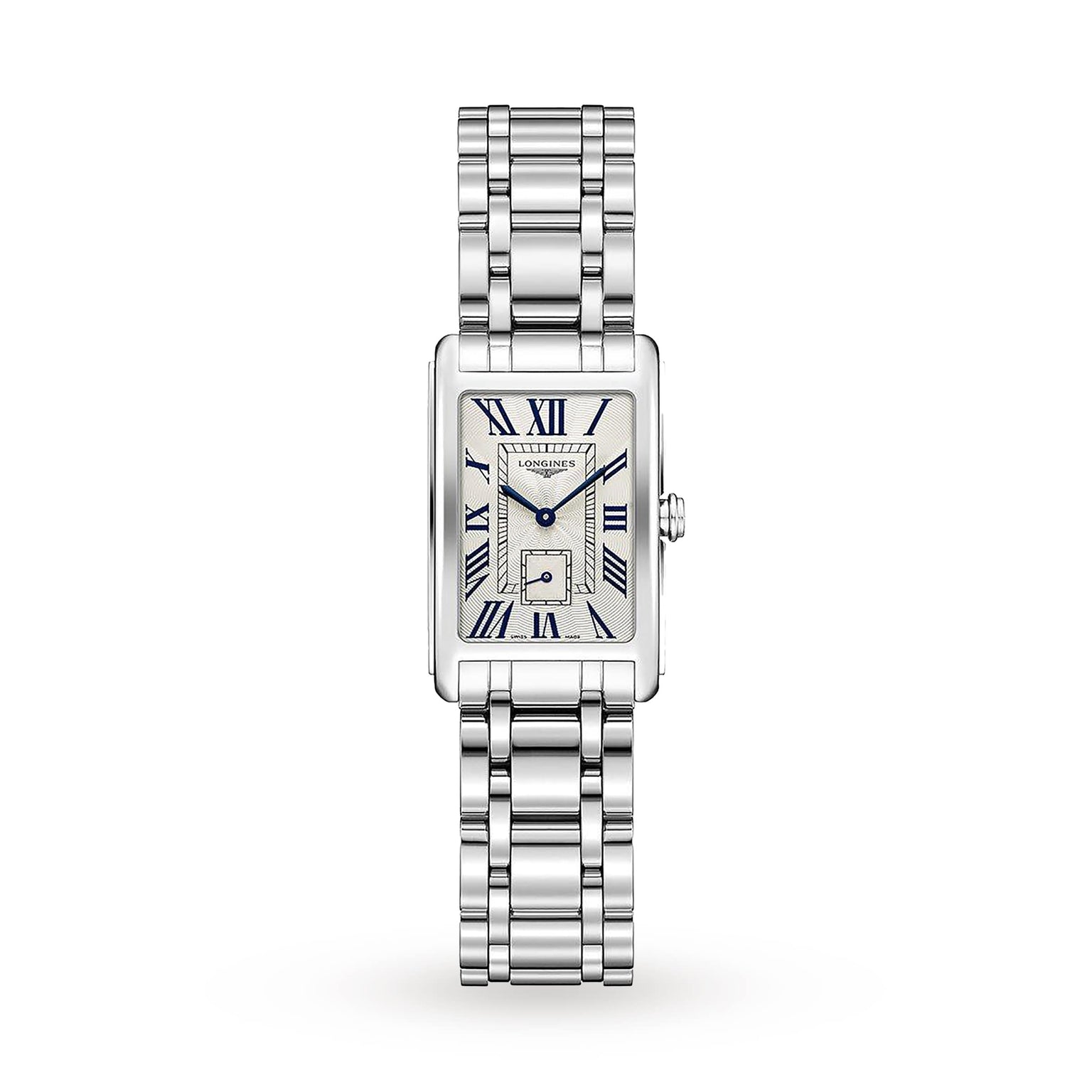 The Longines DolceVita is a rectangular silver wristwatch with a metal link band, Roman numerals, blue hands, small seconds subdial on a white face, and precise quartz movement.