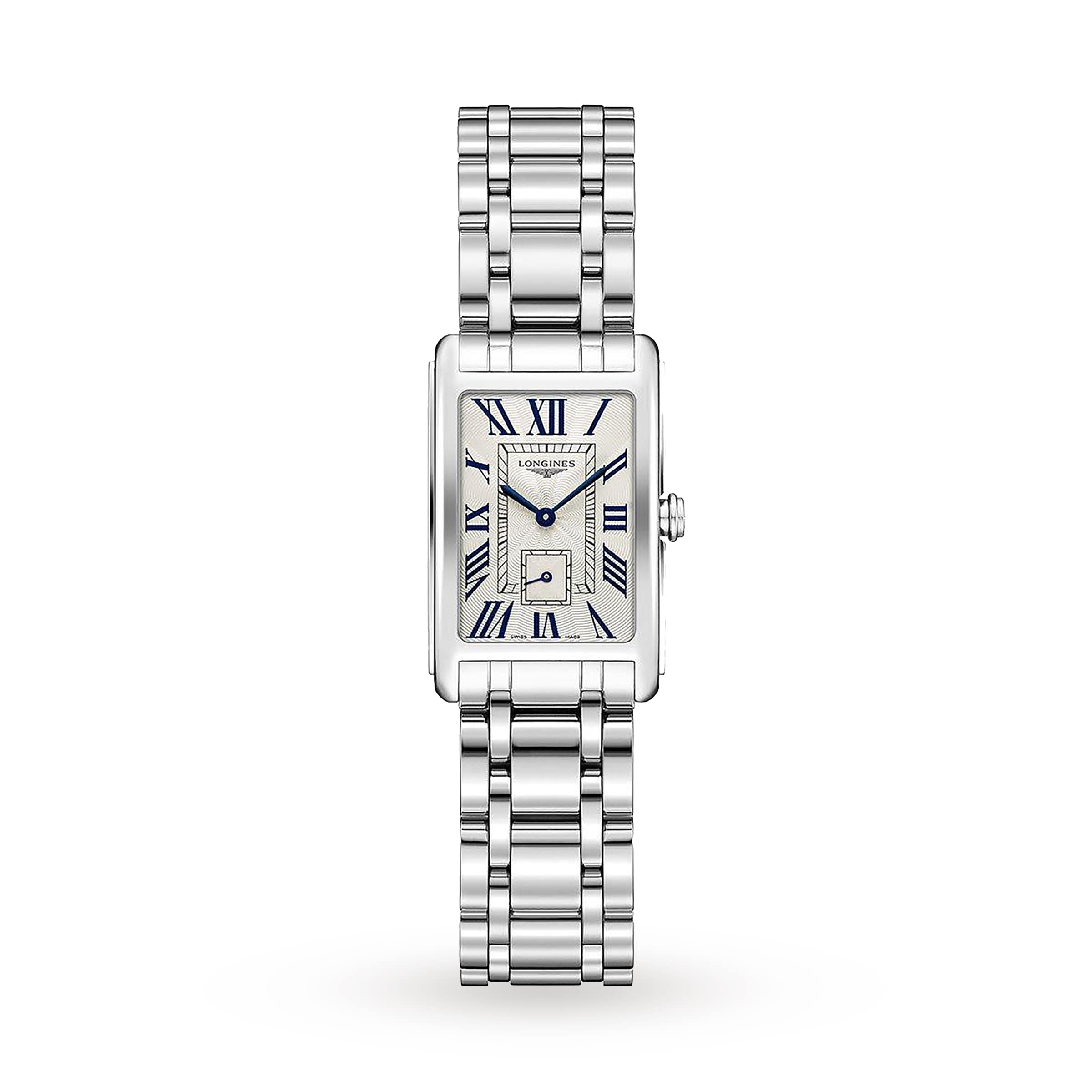 The Longines DolceVita is a rectangular silver wristwatch with a metal link band, Roman numerals, blue hands, small seconds subdial on a white face, and precise quartz movement.