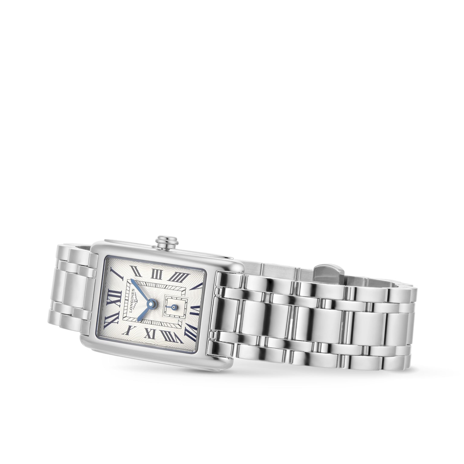 The Longines DolceVita is a silver rectangular wristwatch featuring a metal link band, Roman numeral hour markers, blue hands, and quartz movement—all showcased on a white background, embodying elegance and grace.