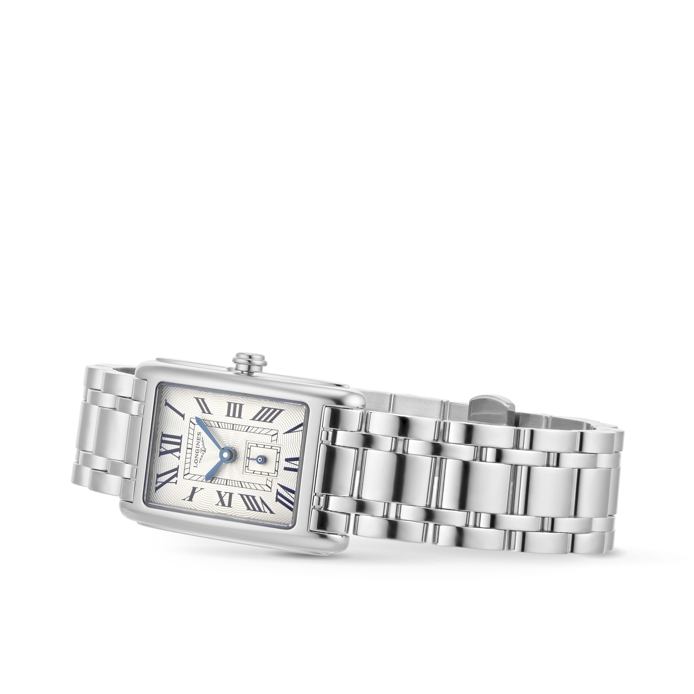 The Longines DolceVita is a silver rectangular wristwatch featuring a metal link band, Roman numeral hour markers, blue hands, and quartz movement—all showcased on a white background, embodying elegance and grace.