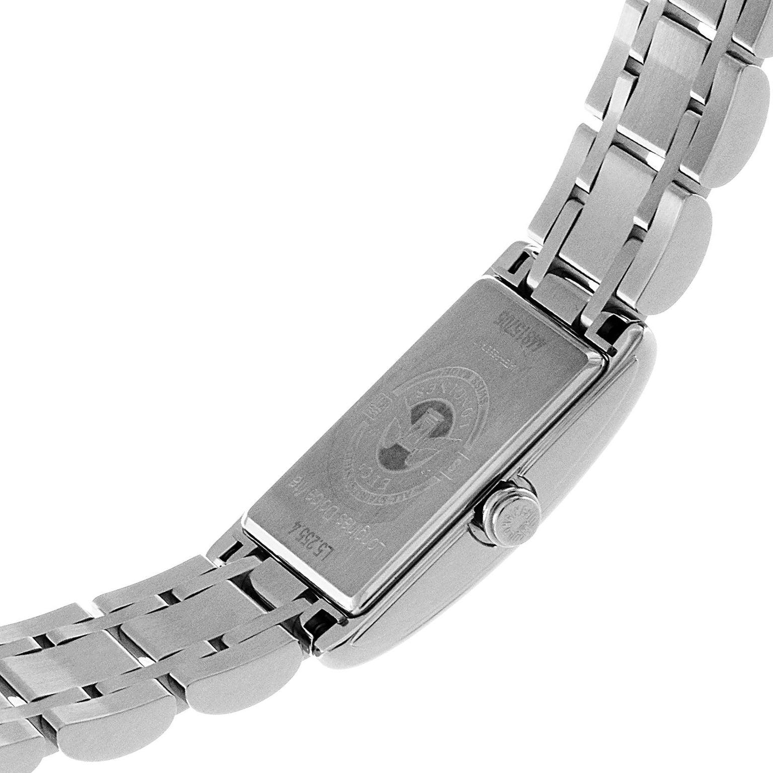 Close-up of the back of the Longines DolceVita rectangular silver wristwatch with a metal link band, featuring engraved details, a visible crown, and reflecting elegance and grace.