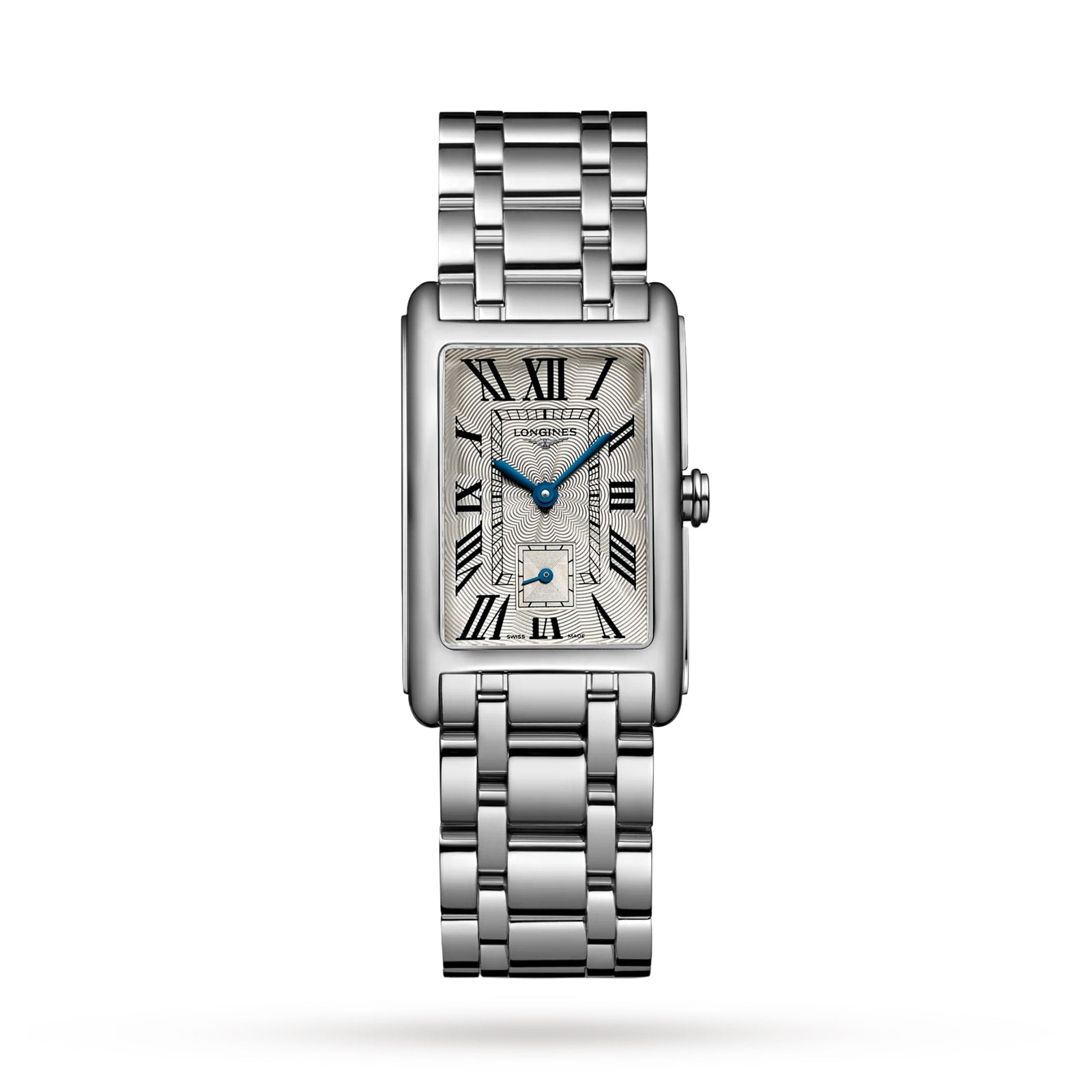 The Longines DolceVita is an elegant rectangular watch featuring a stainless steel case, metal link band, Roman numeral markers, blue hands, and a date display at 6 o’clock.