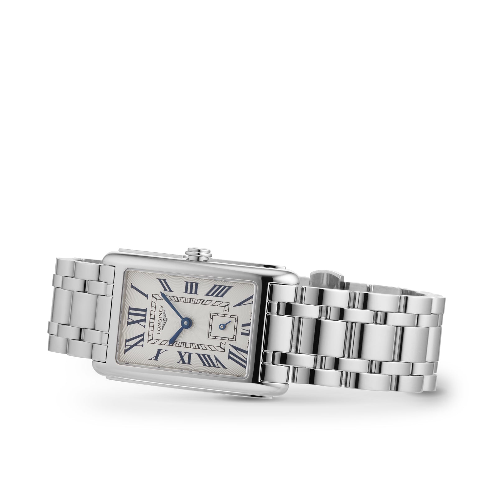 The Longines DolceVita watch boasts a rectangular stainless steel case, metal link band, Roman numeral hour markers, date window, and blue sword-shaped hands, shown on a white background.