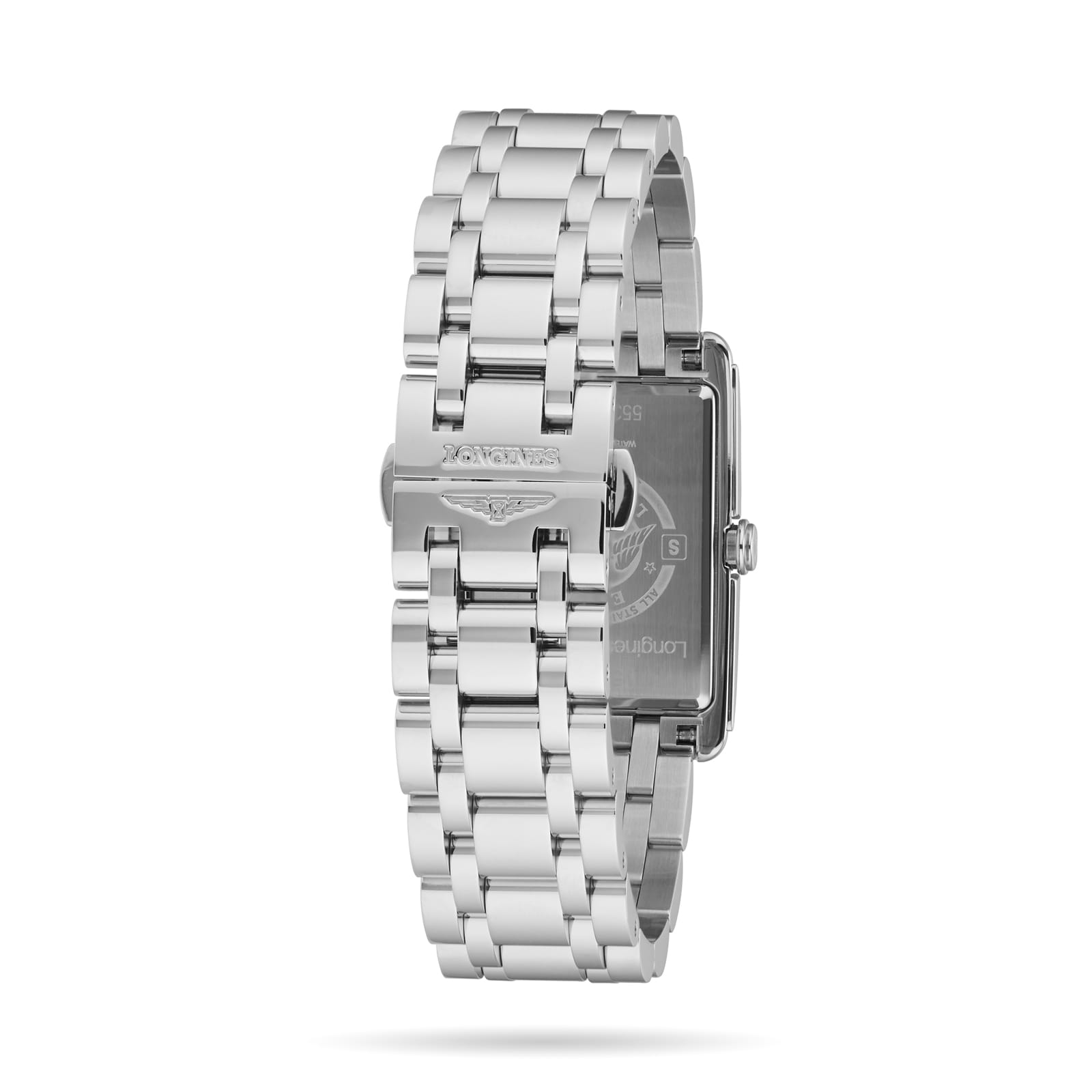 The Longines DolceVita features a rectangular stainless steel case with a metal link bracelet, shown from the back to highlight its clasp and engraved caseback.