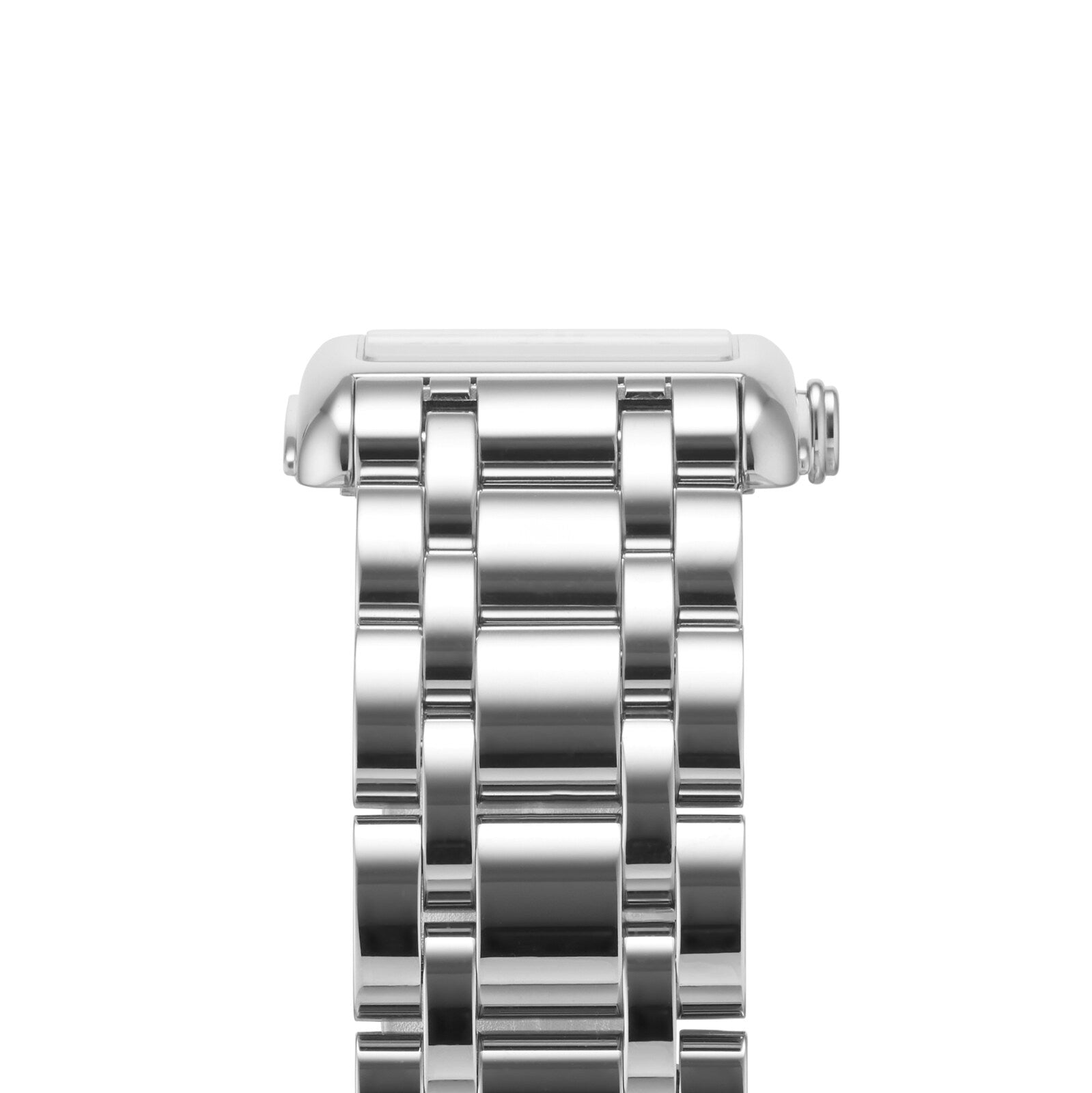 A close-up of the Longines DolceVita silver metal watch band and stainless steel case, viewed from the side against a white background.