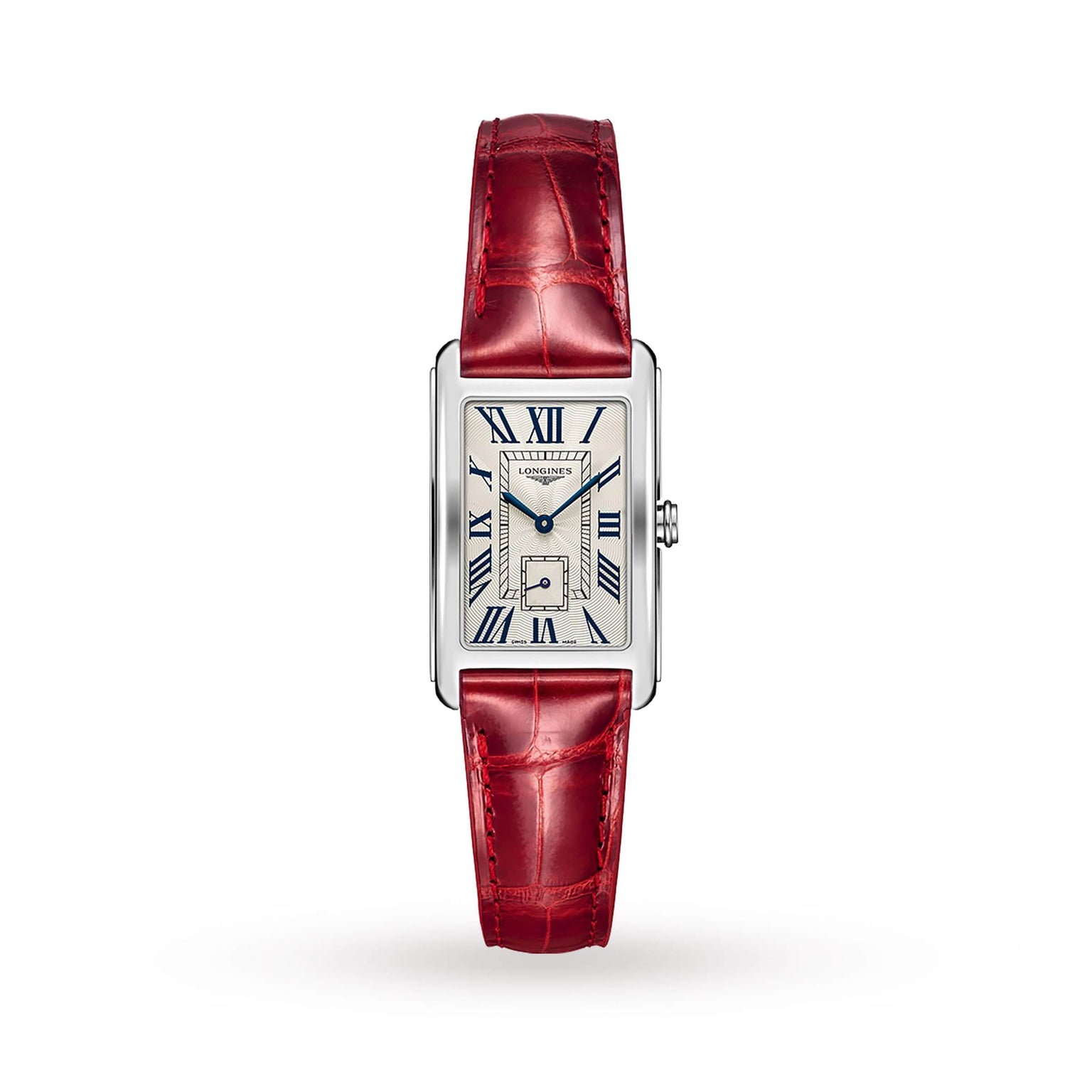 The Longines DolceVita is a rectangular silver ladies’ watch with a white dial, blue Roman numerals, and a red leather strap, displayed against a plain white background.