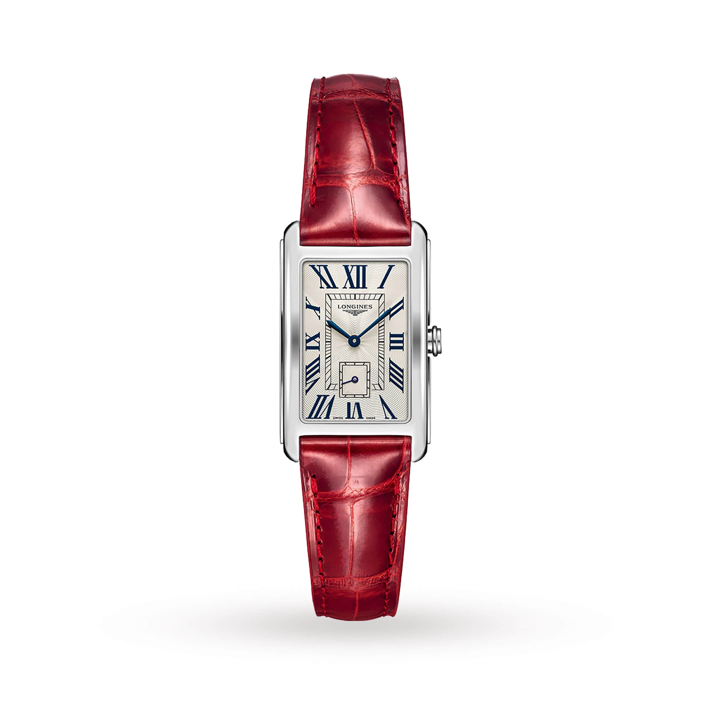 The Longines DolceVita is a rectangular silver ladies’ watch with a white dial, blue Roman numerals, and a red leather strap, displayed against a plain white background.