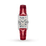 The Longines DolceVita is a rectangular silver ladies’ watch with a white dial, blue Roman numerals, and a red leather strap, displayed against a plain white background.