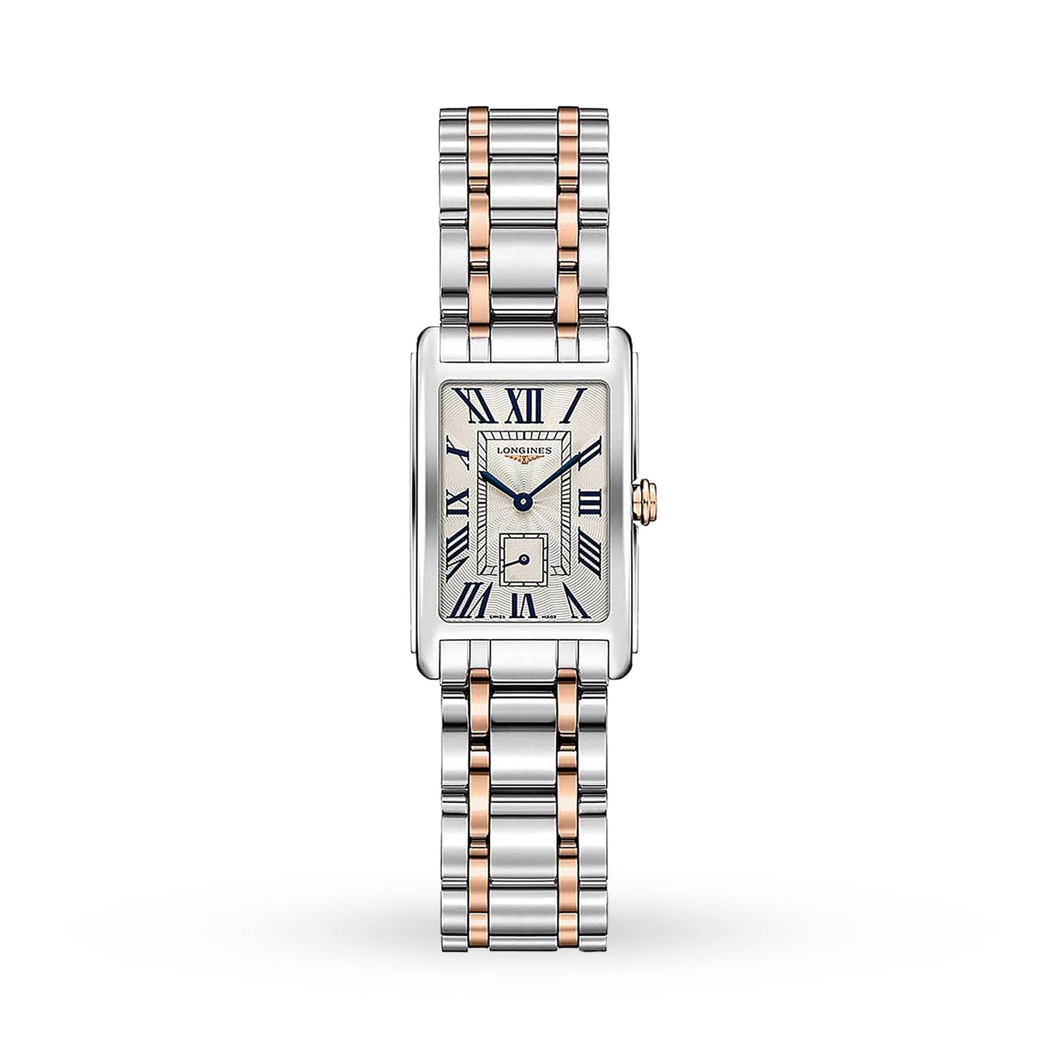 The Longines DolceVita features a rectangular case, metal link bracelet, Roman numeral markers, blue hands, small seconds subdial on a light face, and a precise quartz movement—blending classic elegance and modern grace.