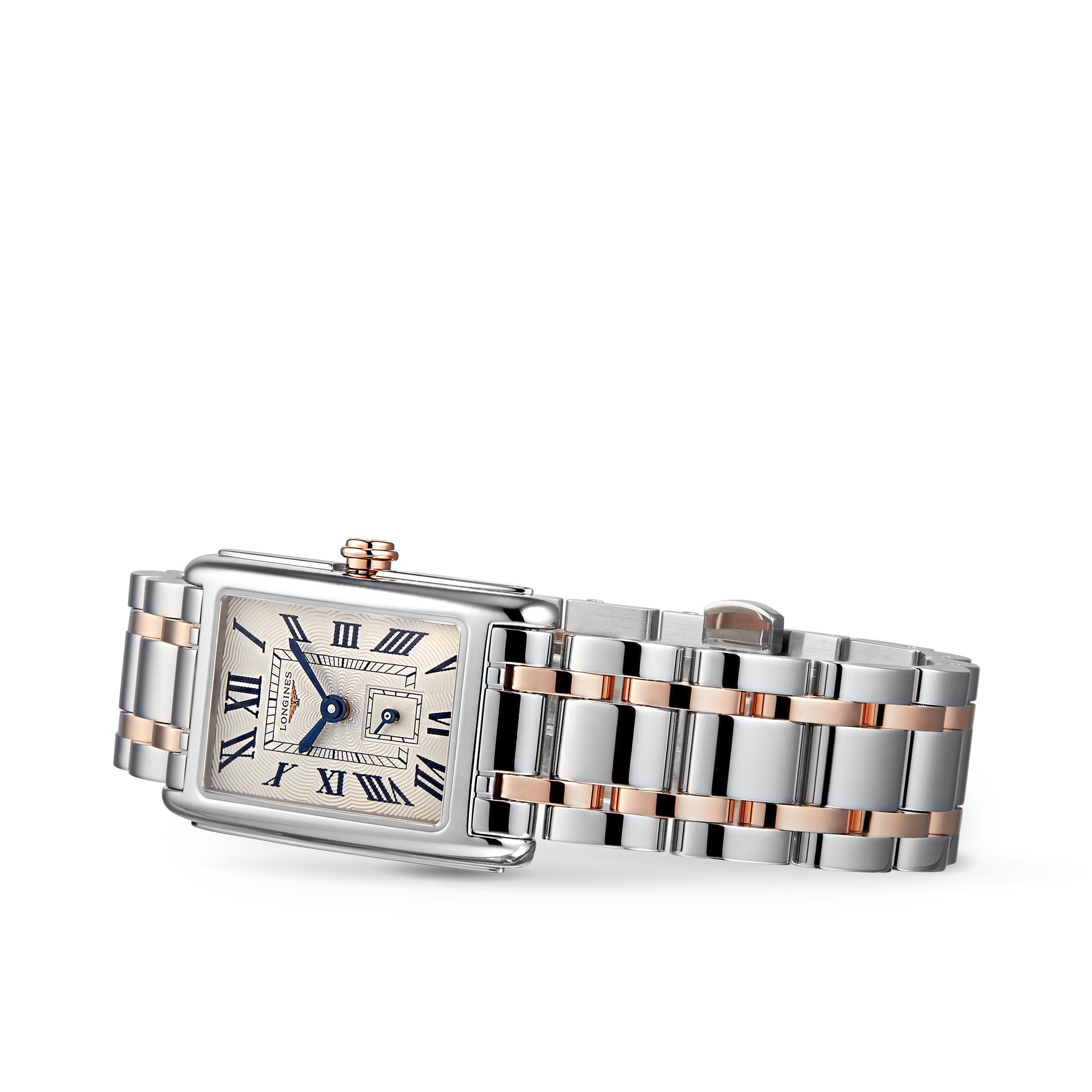 The Longines DolceVita is a rectangular wristwatch with a silver and rose gold metal link band, Roman numeral markers, date display, and quartz movement, embodying timeless elegance.