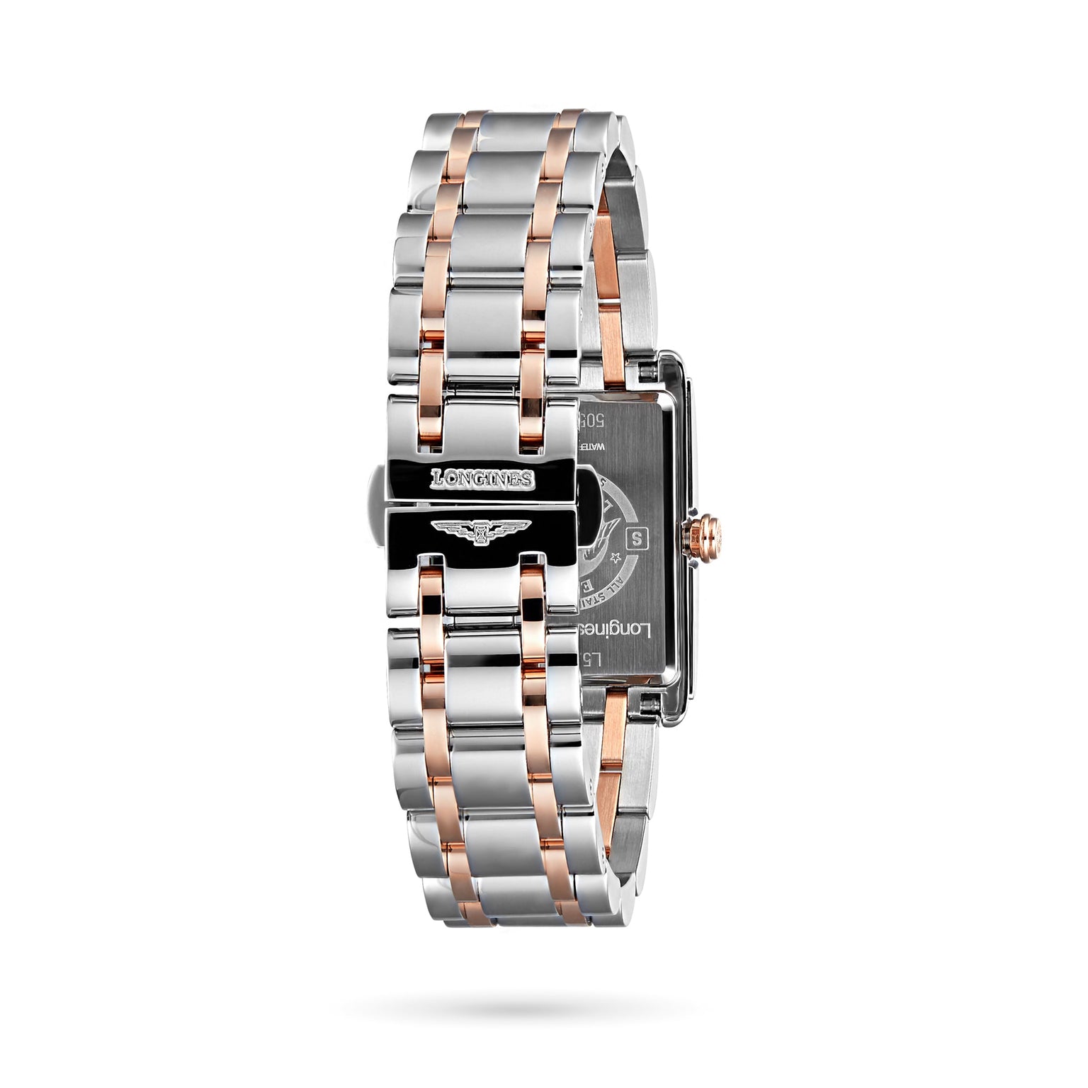 A close-up of the back of a Longines DolceVita wristwatch in silver and rose gold metal shows refined details, engraved markings, and a clasp, capturing the brands signature elegance and grace.