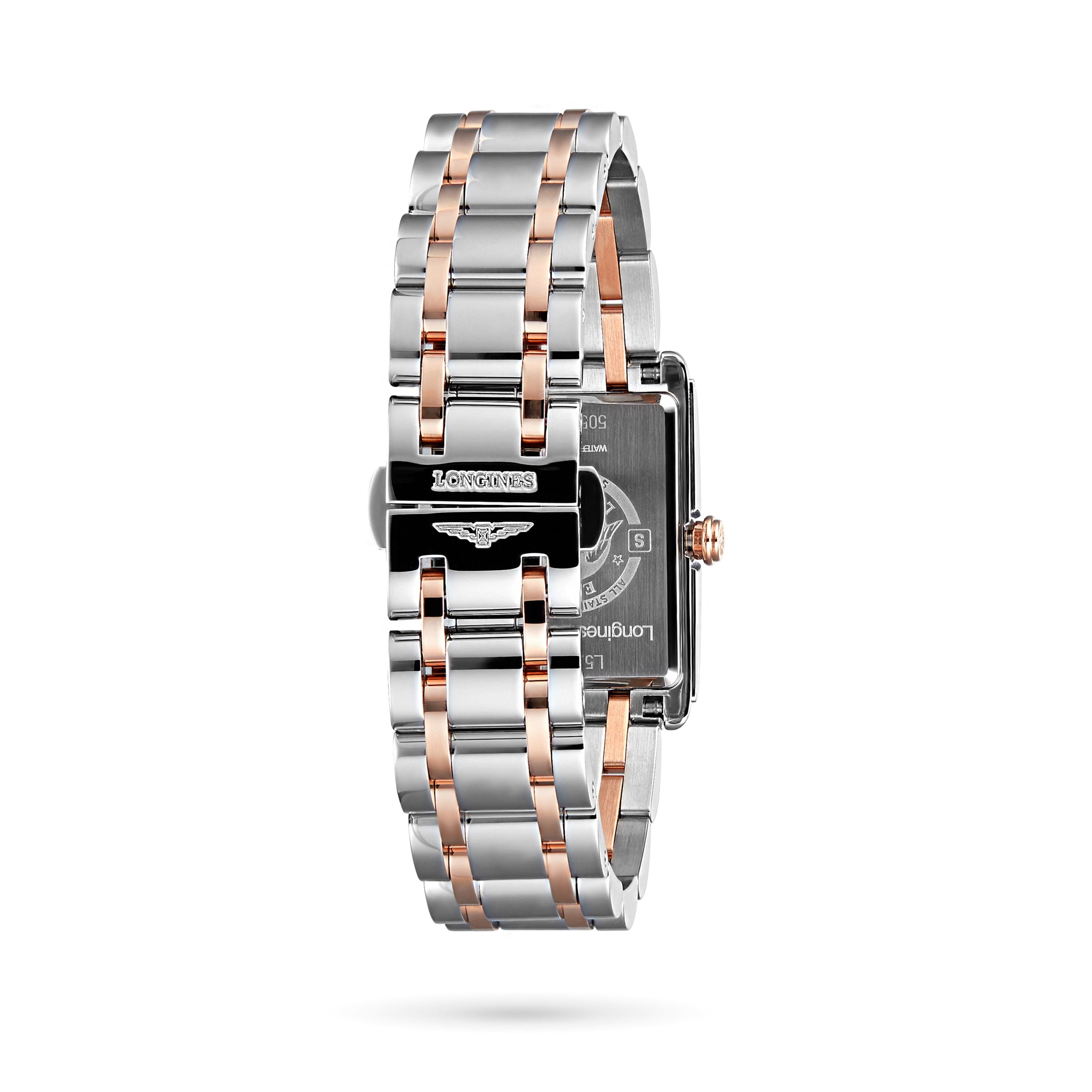 A close-up of the back of a Longines DolceVita wristwatch in silver and rose gold metal shows refined details, engraved markings, and a clasp, capturing the brands signature elegance and grace.