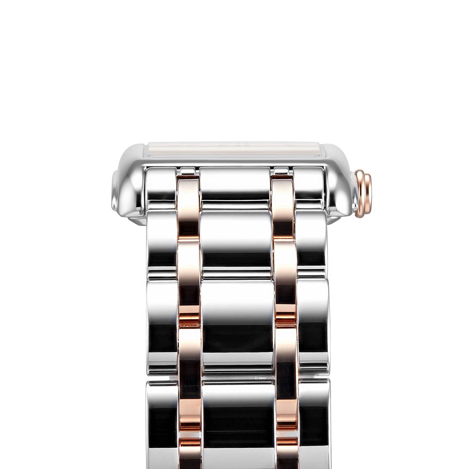 Close-up of a metal DolceVita watch band by Longines, featuring alternating silver and rose gold links on a rectangular case—showcasing the refined elegance of this timepiece.