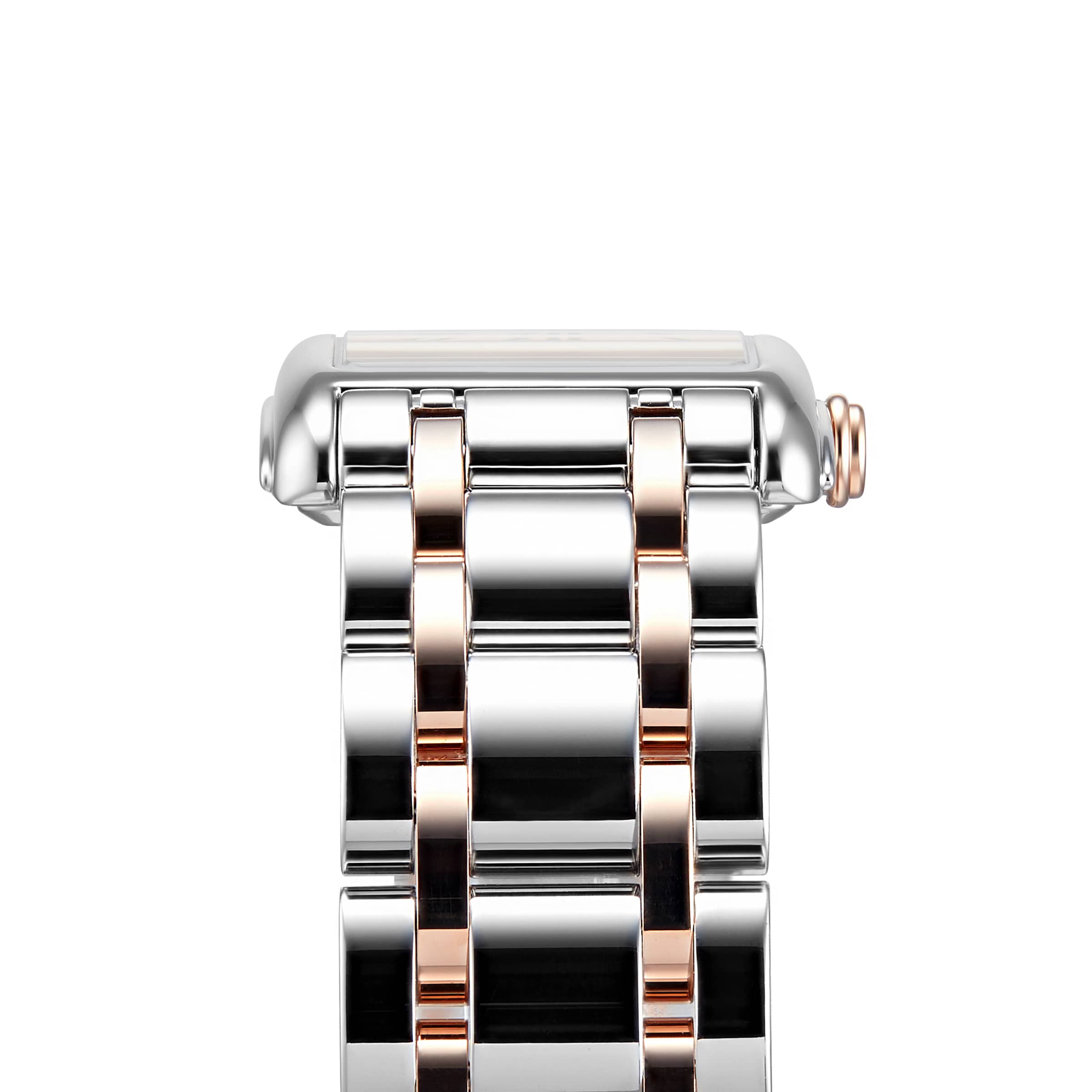 Close-up of a metal DolceVita watch band by Longines, featuring alternating silver and rose gold links on a rectangular case—showcasing the refined elegance of this timepiece.