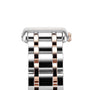 Close-up of a metal DolceVita watch band by Longines, featuring alternating silver and rose gold links on a rectangular case—showcasing the refined elegance of this timepiece.