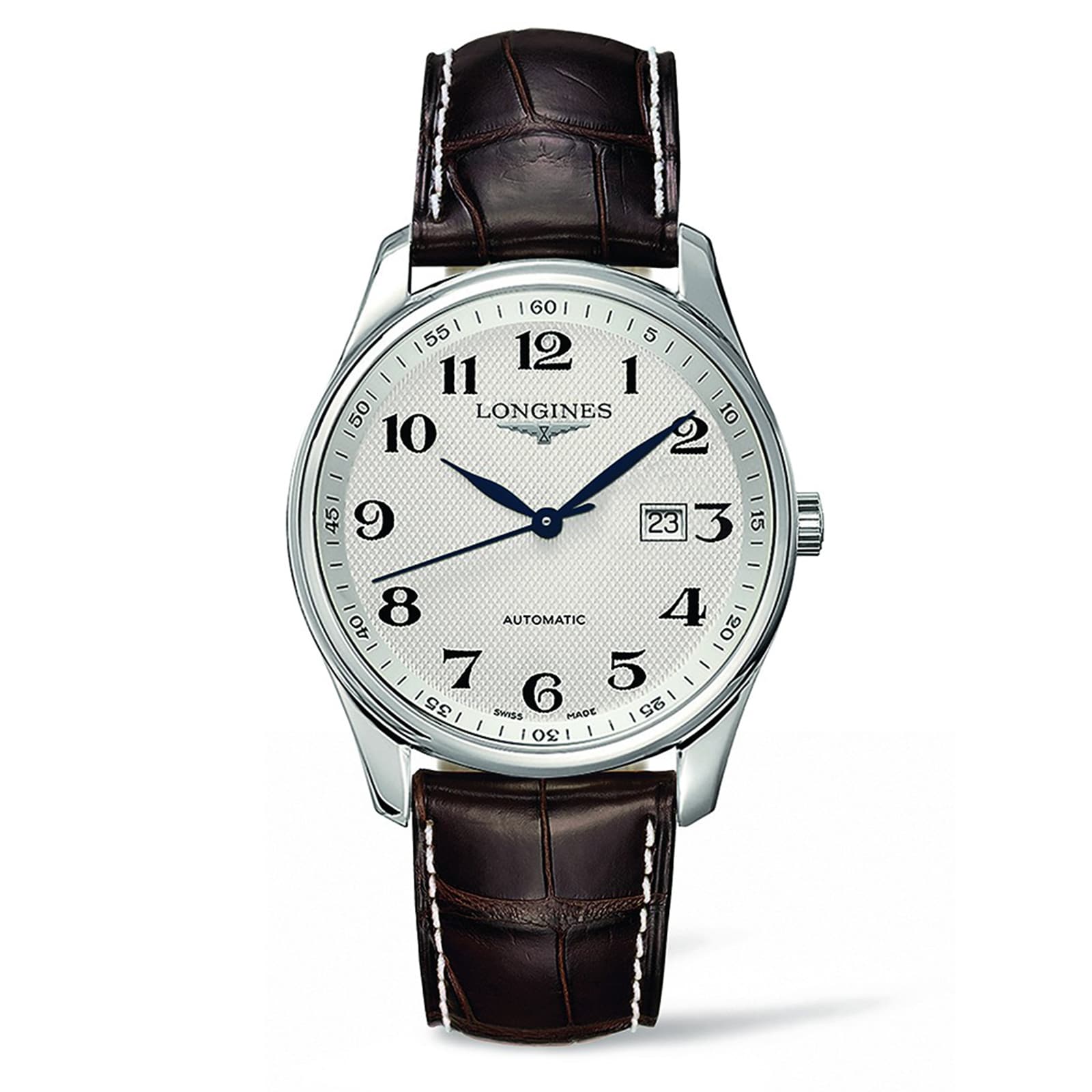 The Longines Master Collection men’s watch features a silver case, white dial with black numerals, date display, brown leather strap, and automatic movement.