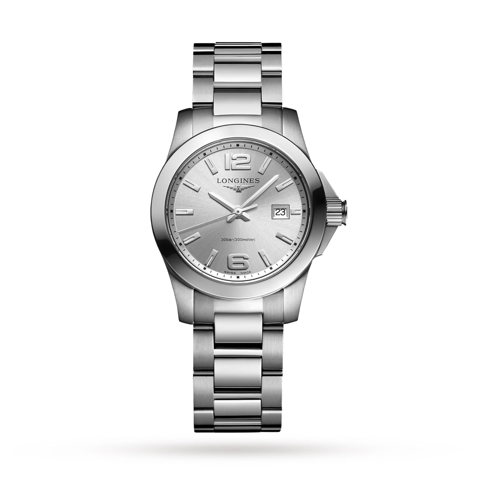 The Longines Conquest, featuring a stainless steel case, silver dial, date at 3 o’clock, and a metal link bracelet, exemplifies performance and elegance—presented against a white background.