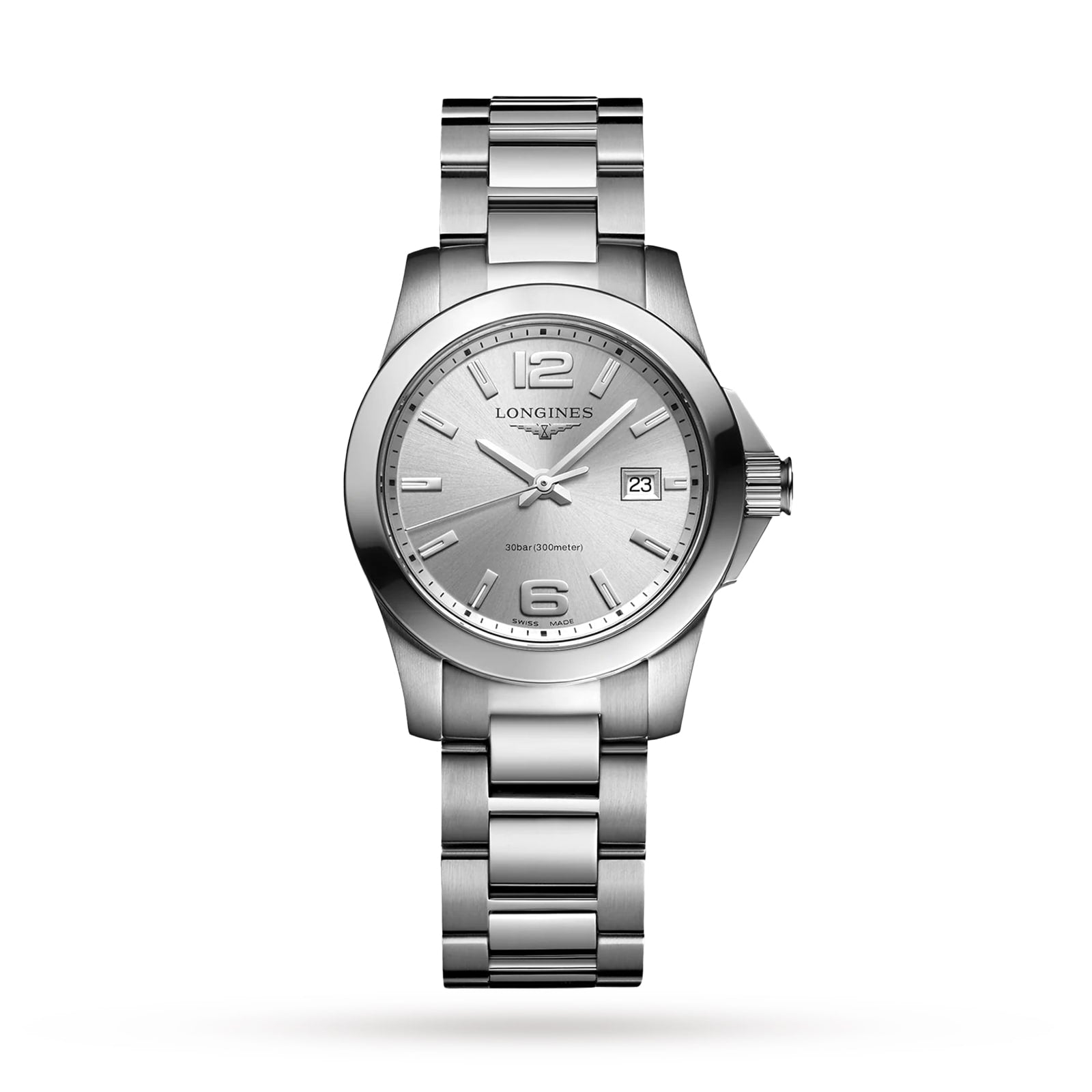 The Longines Conquest, featuring a stainless steel case, silver dial, date at 3 o’clock, and a metal link bracelet, exemplifies performance and elegance—presented against a white background.