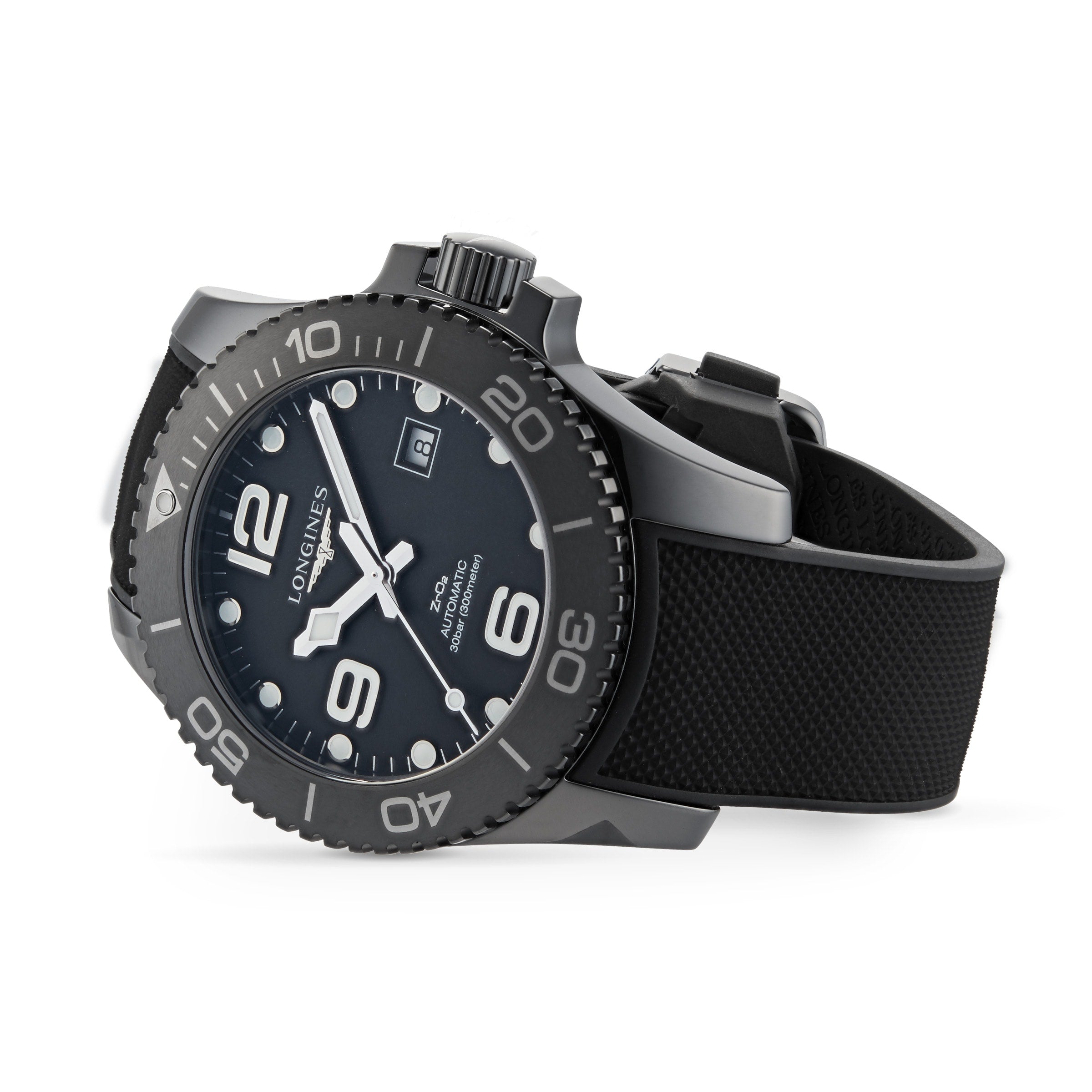 A Longines HydroConquest dive watch with a black rotating bezel, large numerals, and black textured rubber strap, featuring automatic movement, shown angled on a white background.