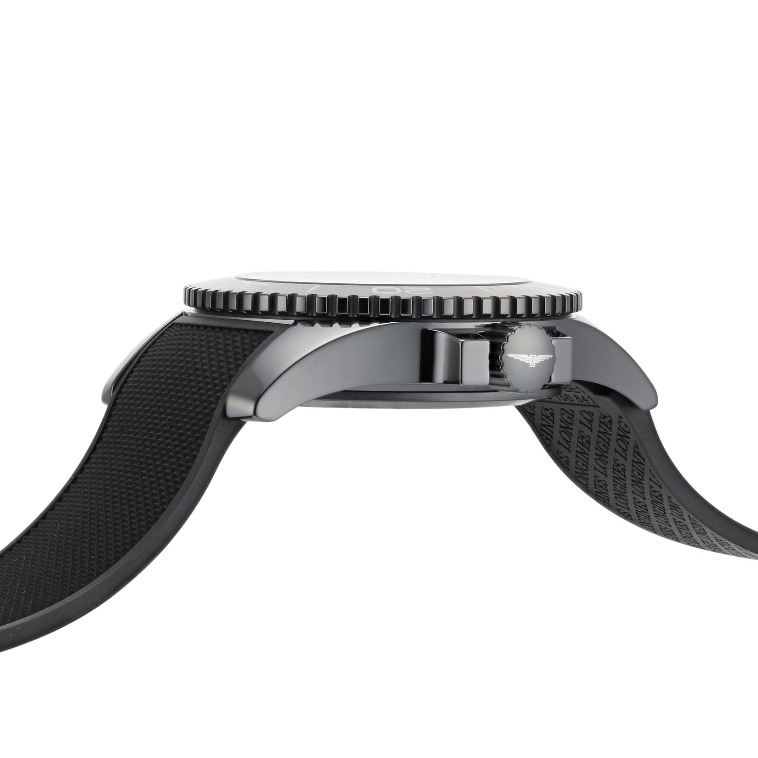 Side view of the Longines HydroConquest watch, featuring a black textured strap, metal case, grooved bezel, and ridged crown.