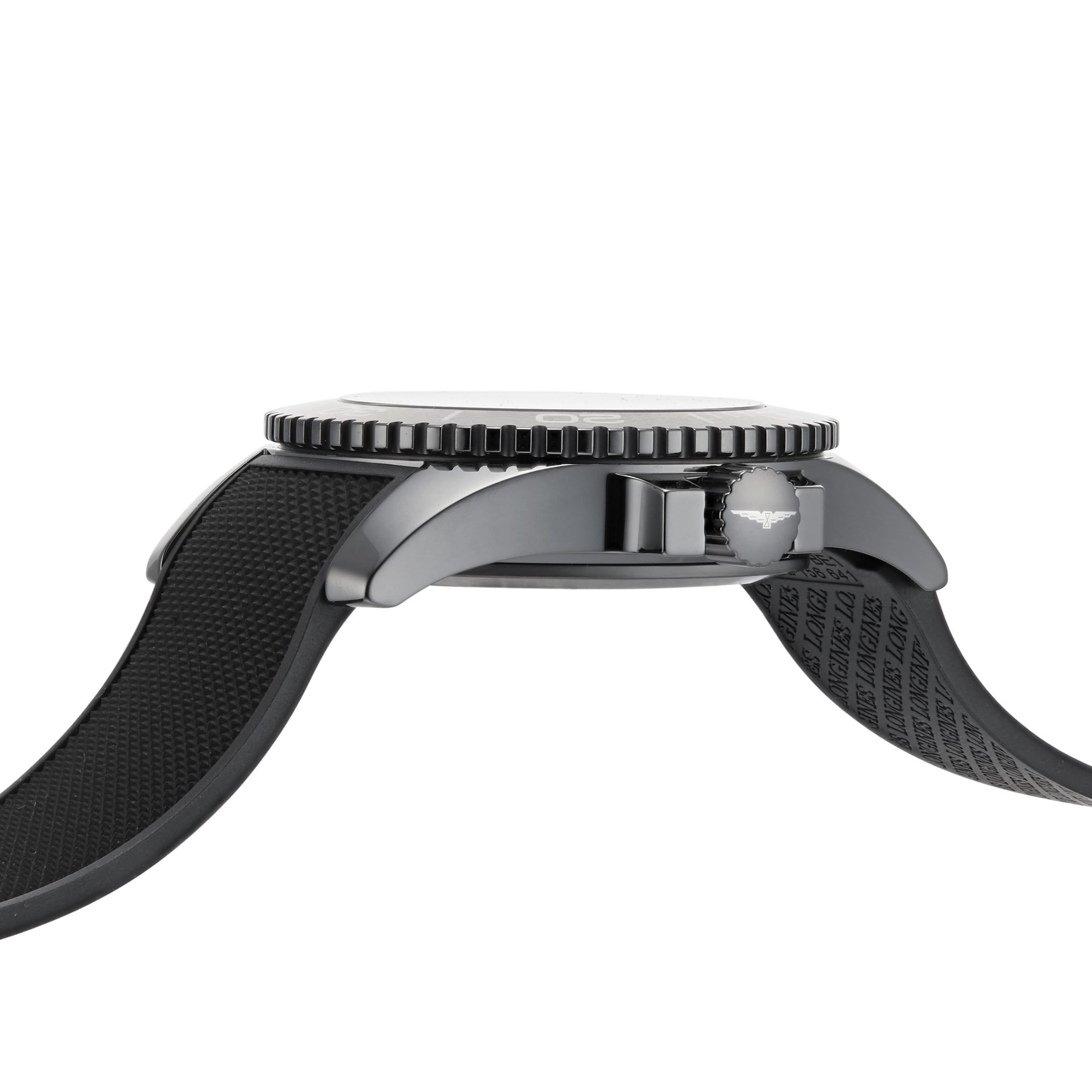 Side view of the Longines HydroConquest watch, featuring a black textured strap, metal case, grooved bezel, and ridged crown.