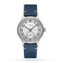The Longines Sector Dial is a silver Heritage Classic wristwatch with a white dial, blue hands, small seconds subdial at 6 o’clock, blue leather strap, and stainless steel case.