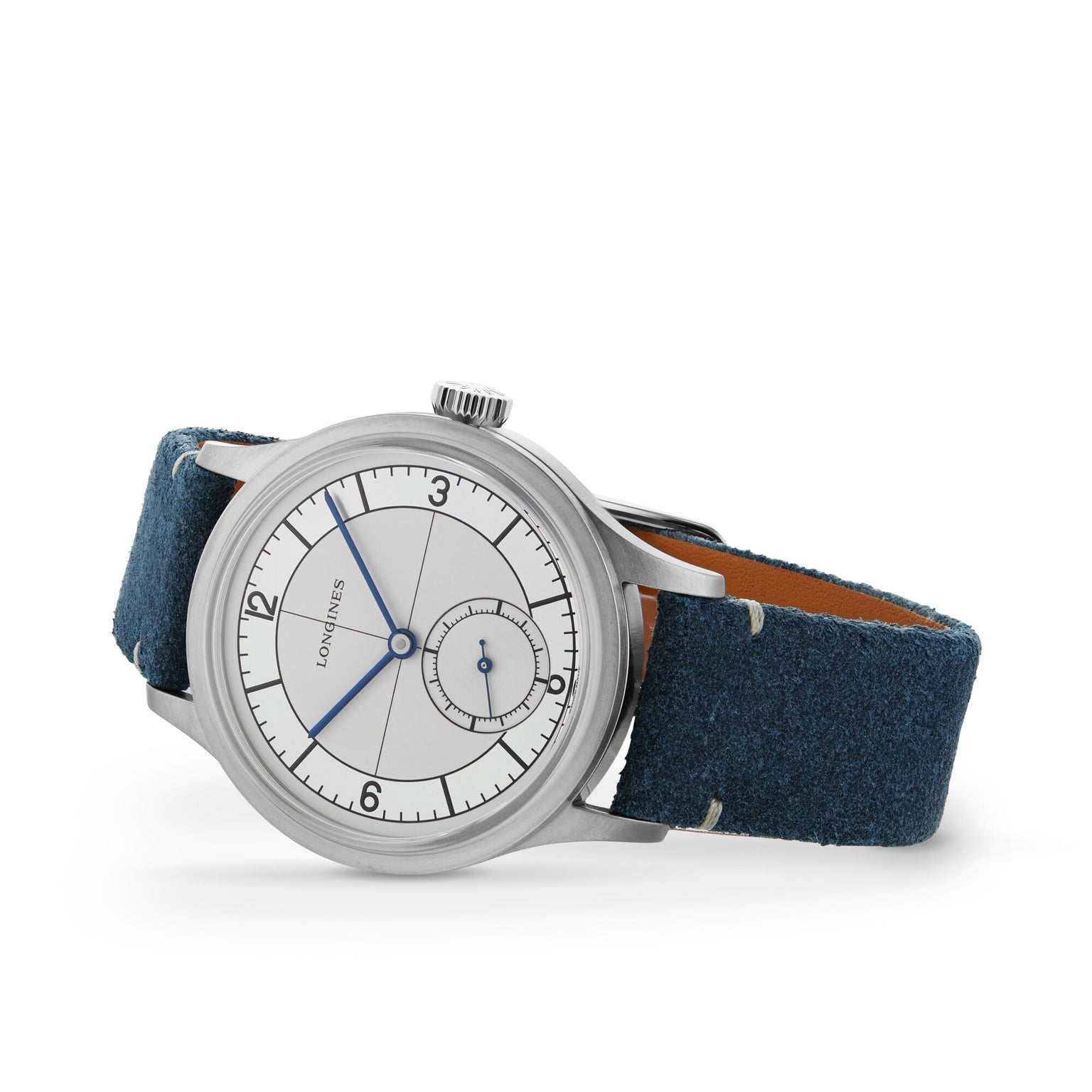 The Longines Sector Dial silver wristwatch features a stainless steel case, white dial, blue hands, small seconds subdial, and a blue suede strap, displayed against a white background.