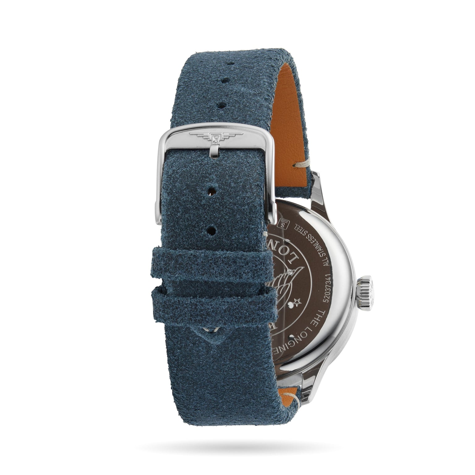 Back view of the Longines Sector Dial wristwatch featuring a blue suede strap, silver buckle, and engraved stainless steel case back with branding and text.