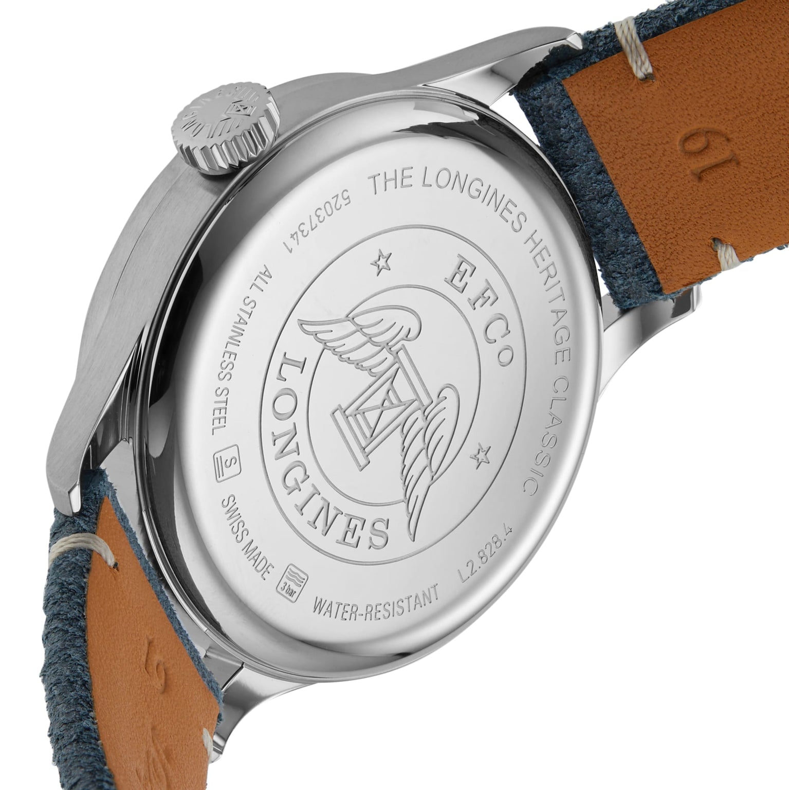 Close-up view of the back of a Longines Sector Dial watch, displaying engraving details, leather strap, and stainless steel case housing the precise L893 calibre movement.