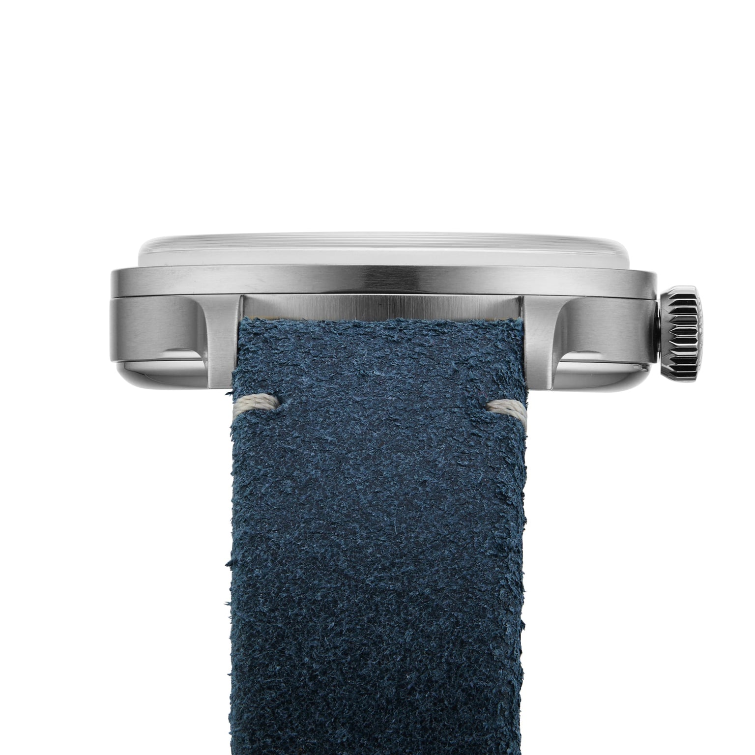 Close-up side view of the Longines Sector Dial wristwatch featuring a stainless steel case, blue suede strap, and powered by the precise L893 calibre movement.