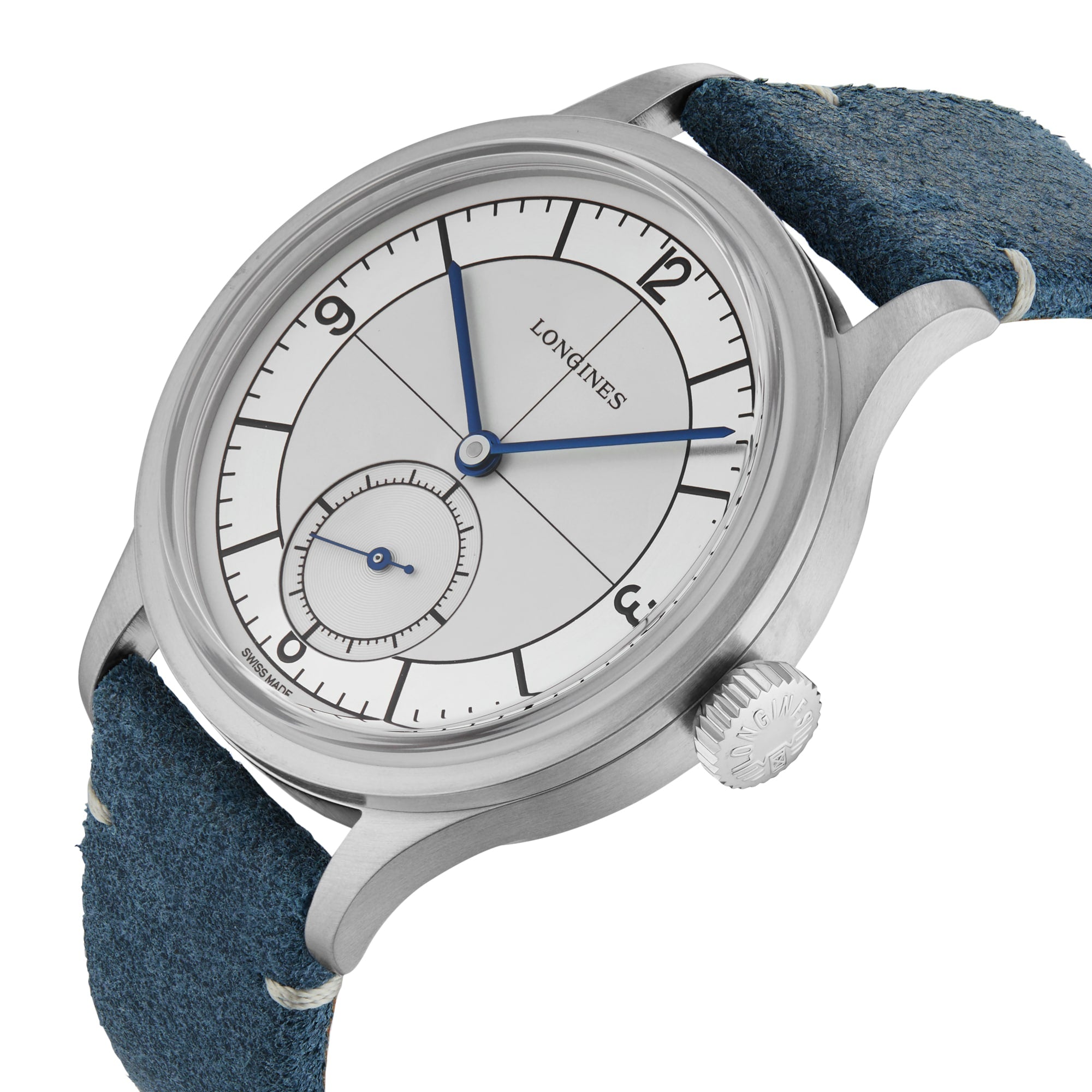 The Longines Sector Dial wristwatch features a stainless steel case, white dial with black markers, small seconds subdial, blue hands, and a blue textured leather strap—an elegant tribute to the Heritage Classic collection.
