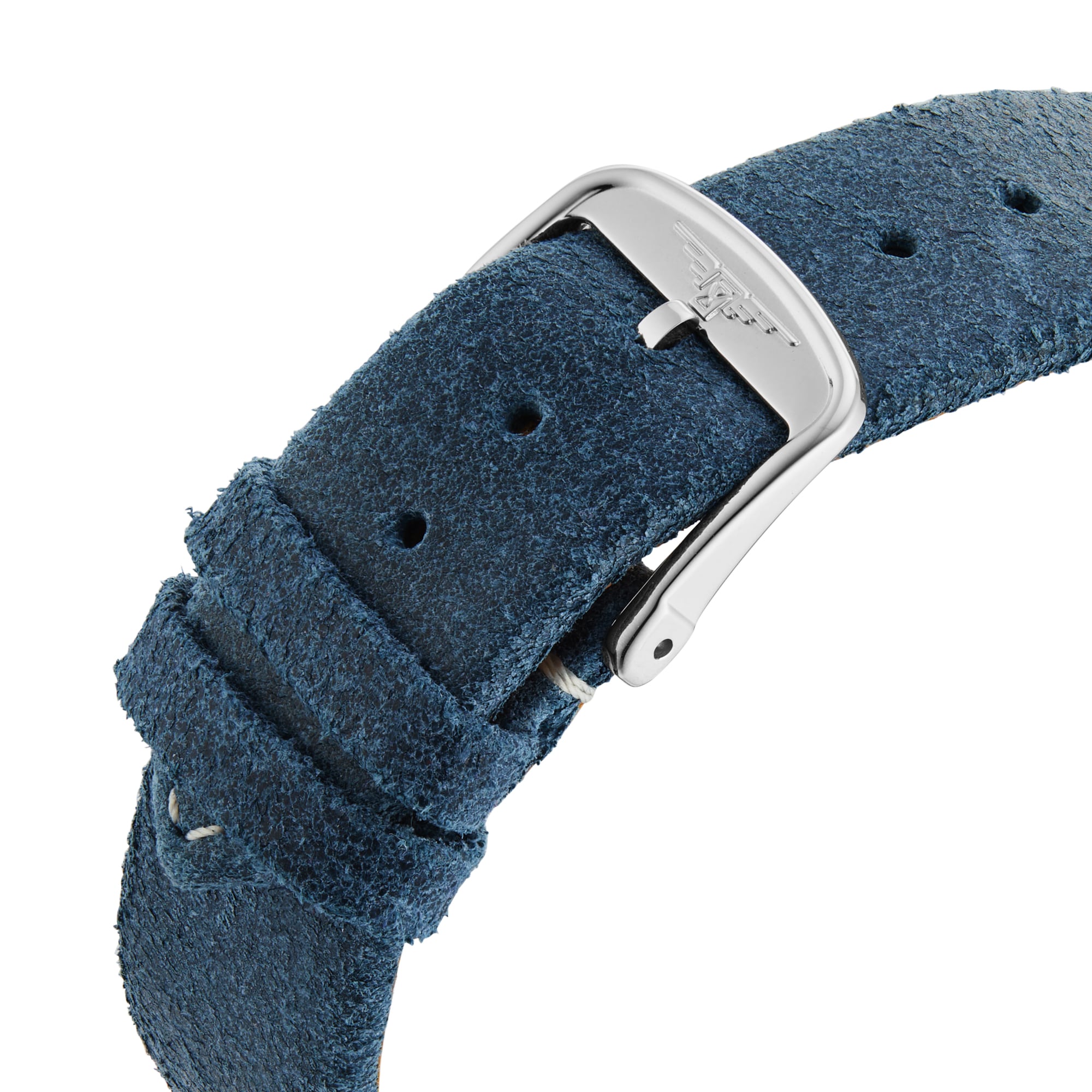 A close-up of the Longines Sector Dial’s blue suede strap with a silver buckle and stainless steel case, highlighting its textured material and adjustable holes.