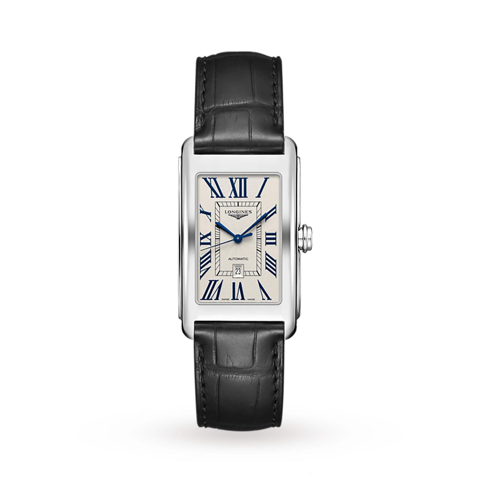 The Longines DolceVita features a stainless steel rectangular case, white dial with blue Roman numerals, black leather strap, and date window at 6 o’clock.