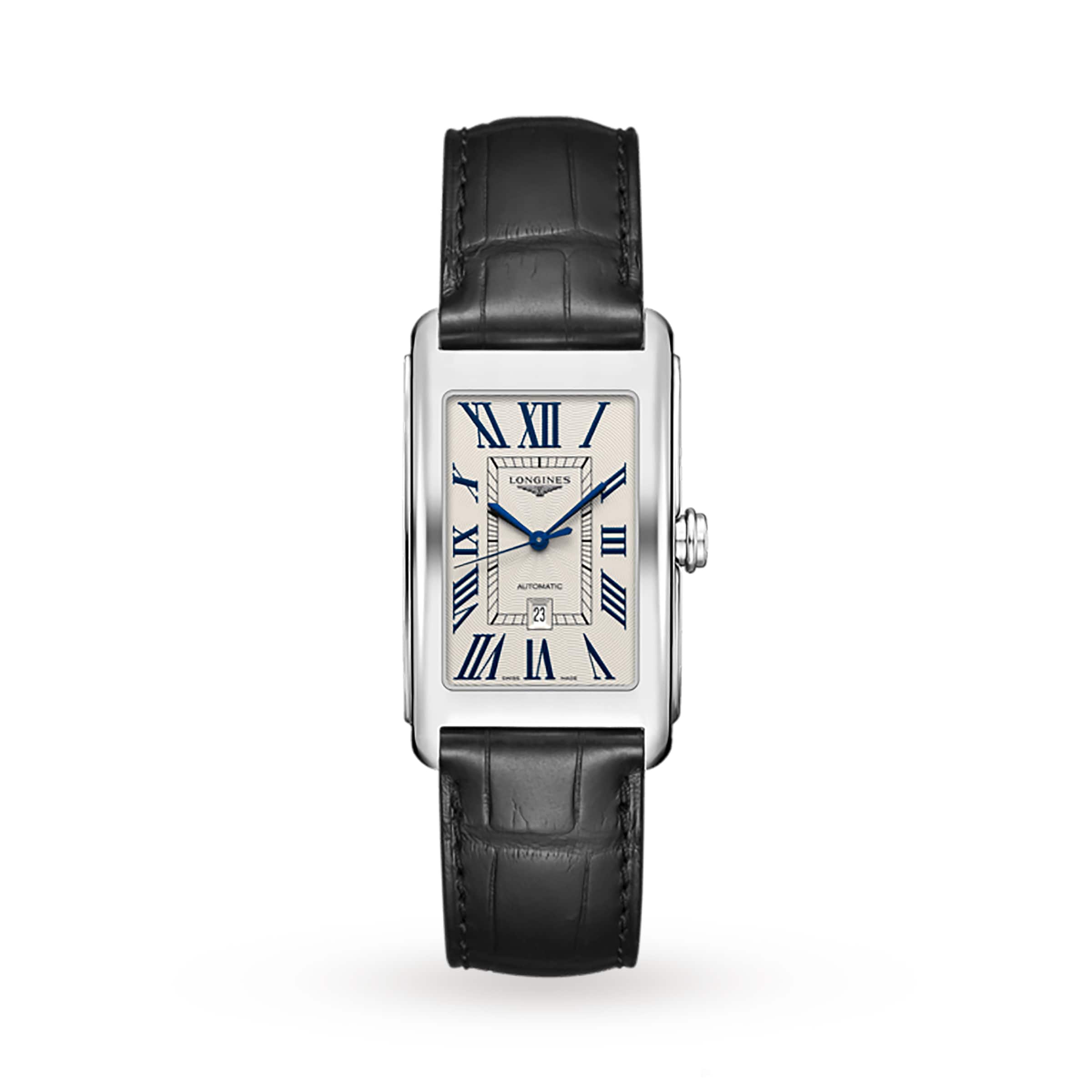 The Longines DolceVita features a stainless steel rectangular case, white dial with blue Roman numerals, black leather strap, and date window at 6 o’clock.