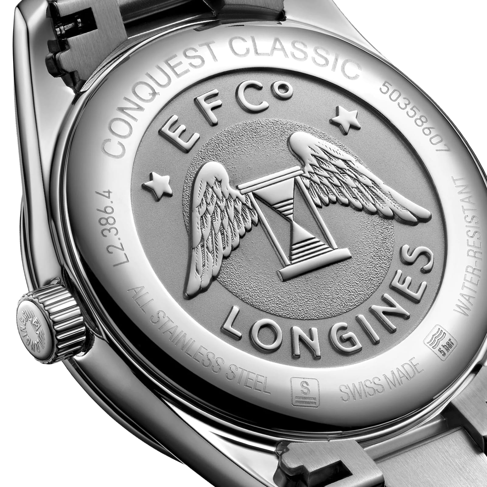 Close-up of the Longines Conquest Classic watch back, showing its stainless steel case, engraved wings and hourglass logo, plus detailed model and material information.