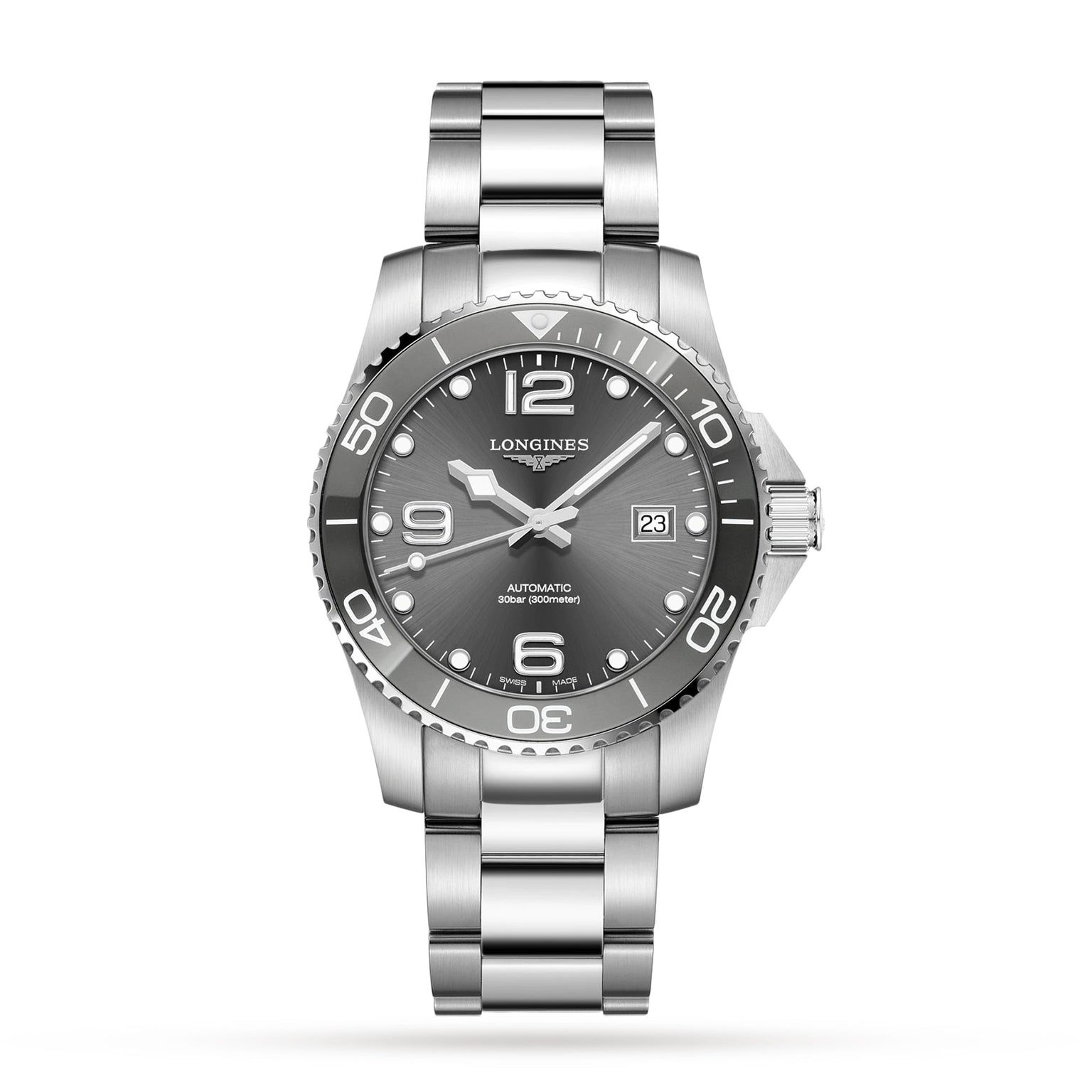 The Longines HydroConquest is a stainless steel diving watch featuring a silver bracelet, black bezel, grey dial, date window at 3 oclock, and luminous hands and markers.