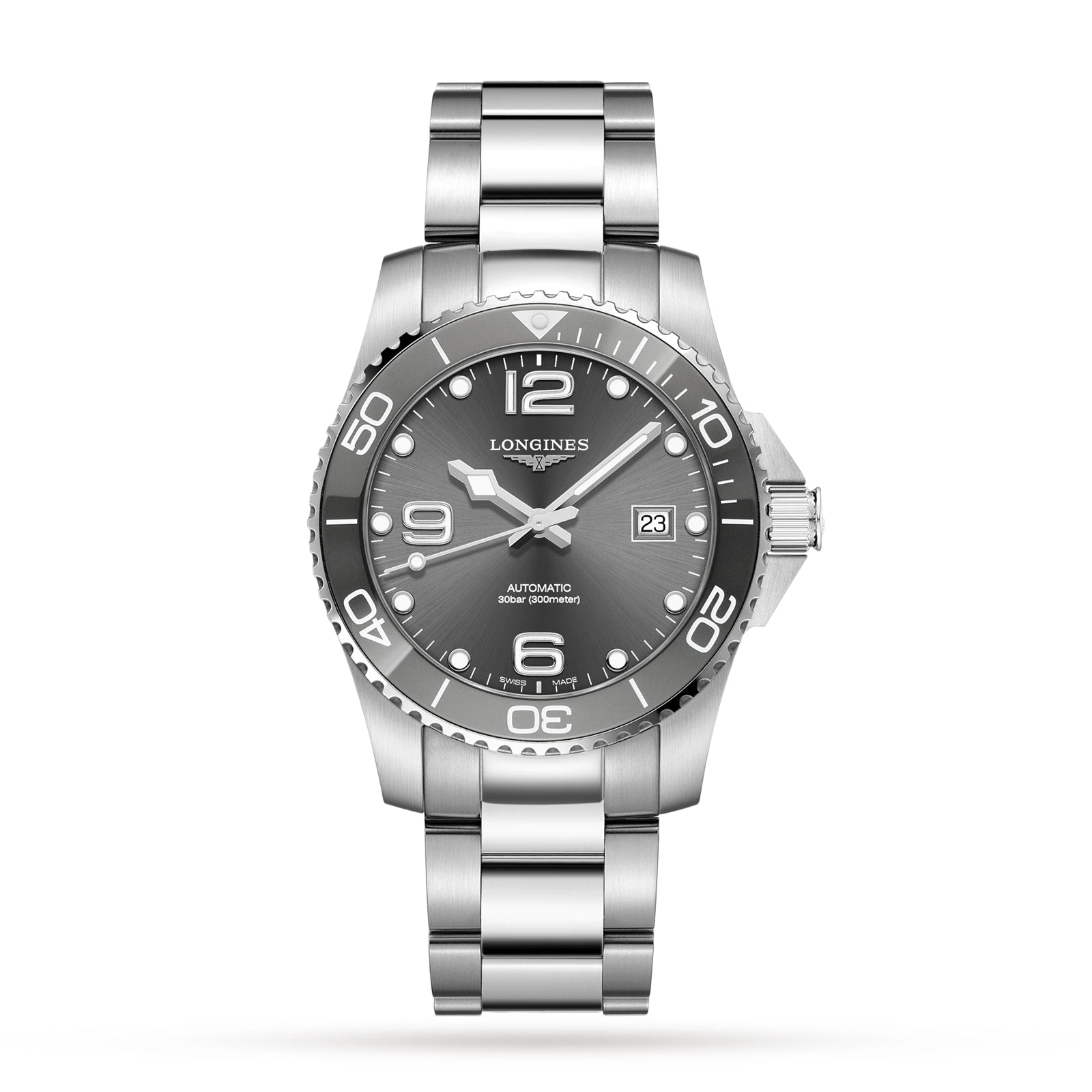 The Longines HydroConquest is a stainless steel diving watch featuring a silver bracelet, black bezel, grey dial, date window at 3 oclock, and luminous hands and markers.