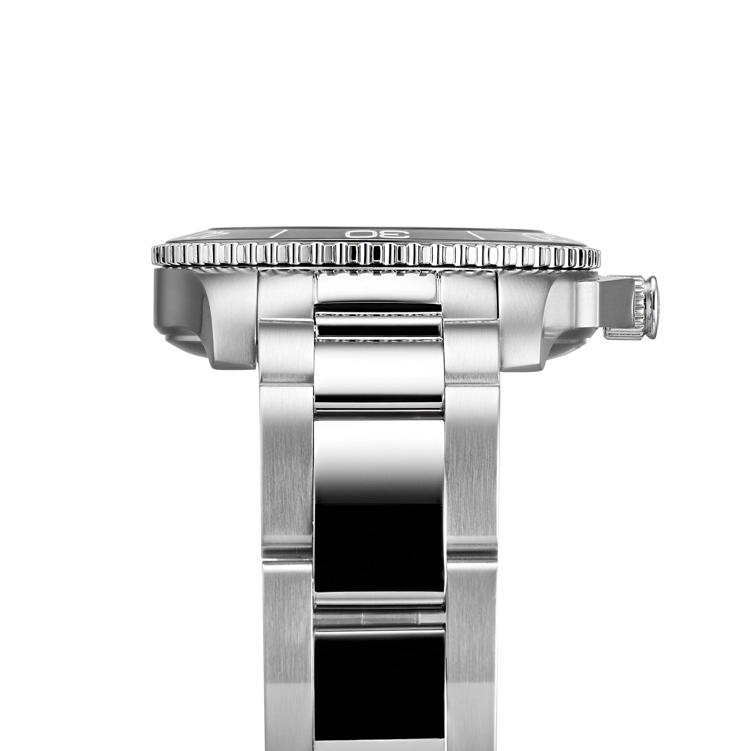 Close-up side view of the Longines HydroConquest diving watch, showcasing its crown, bezel, and stainless steel case with metal bracelet against a white background.