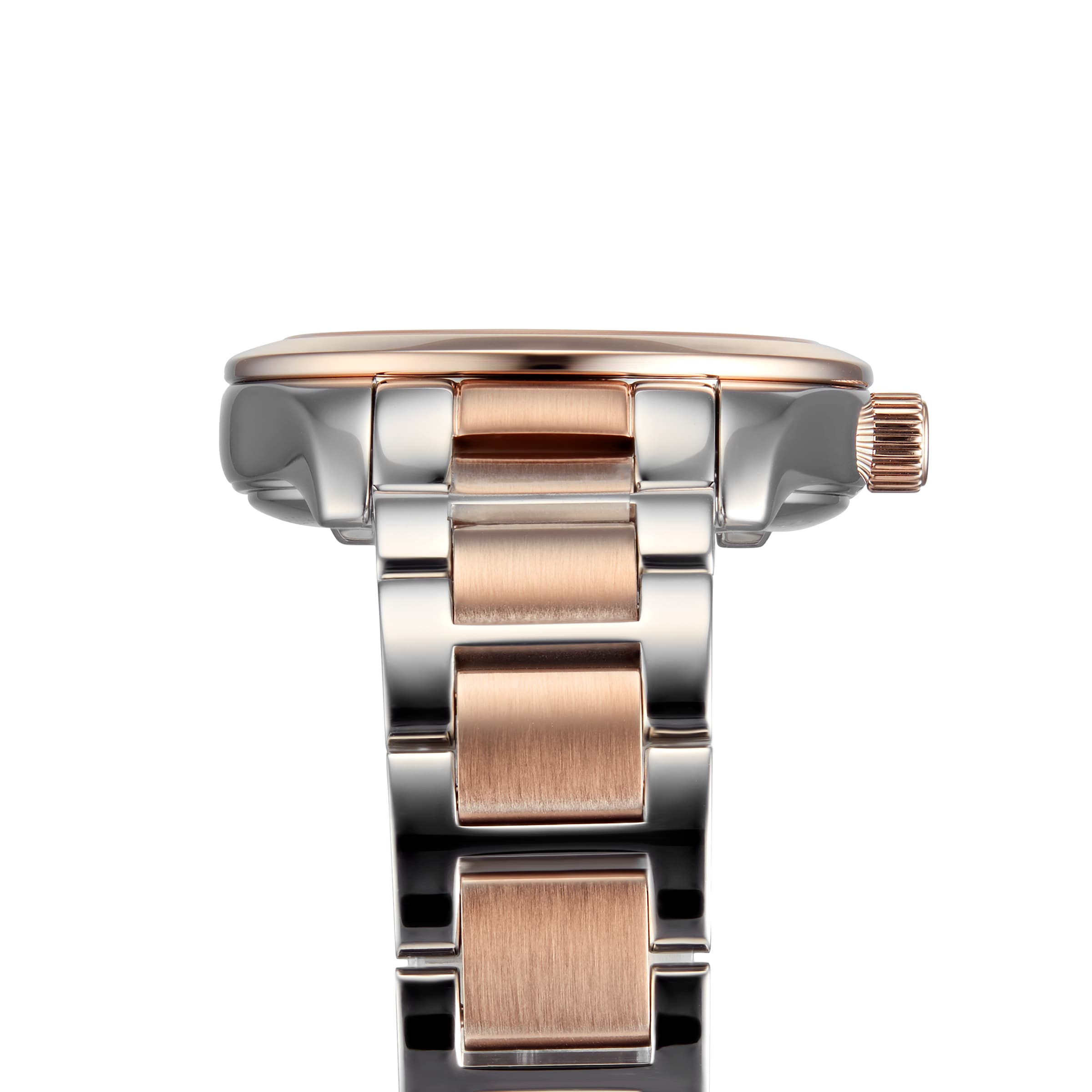 A close-up side view of the Longines Conquest Classic wristwatch, showcasing its stainless steel and PVD bracelet with silver and rose gold links, plus a rose gold crown.