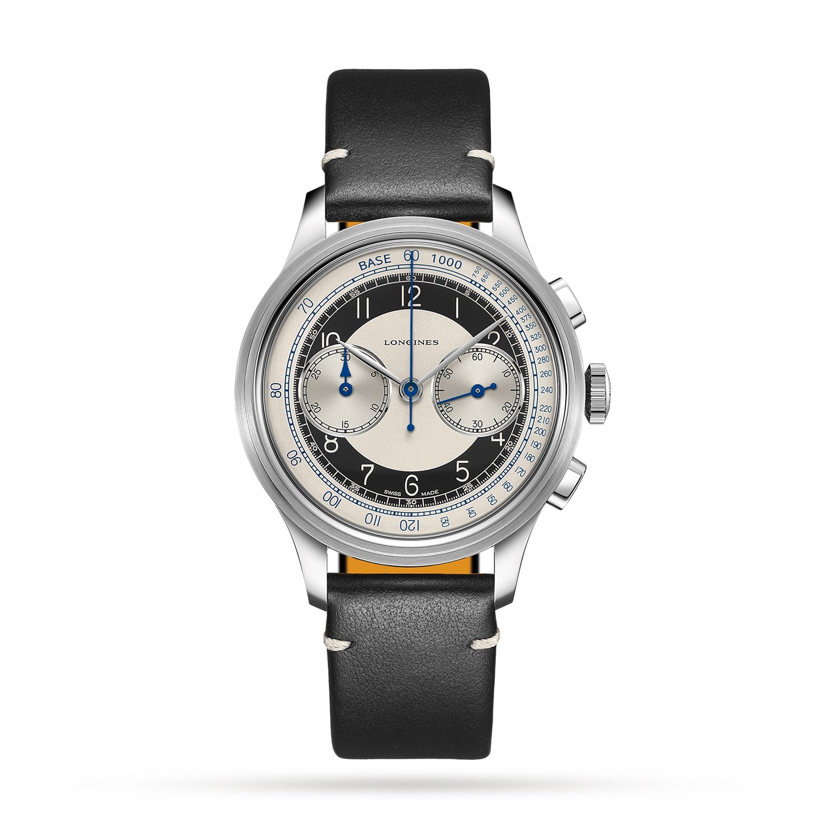The Longines Tuxedo is a stainless steel chronograph from the Heritage Classic line, with a black and cream dial, two subdials, blue accents, calibre L895 automatic movement, and a black leather strap.