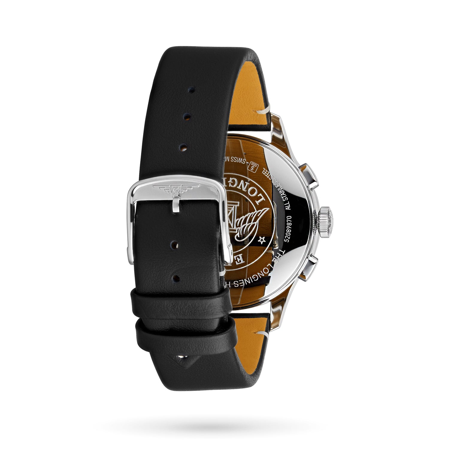 Back view of the Longines Tuxedo watch with black leather strap, silver buckle, stainless steel case, and engraved case back displaying the Longines logo and text.